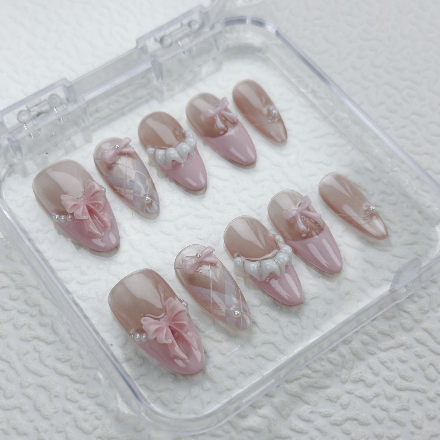 Blush Bow | Handmade Press-On Nails | Style No. A011 | Soft Pink, 3D Bow & Pearl Design, Reusable Nail Set