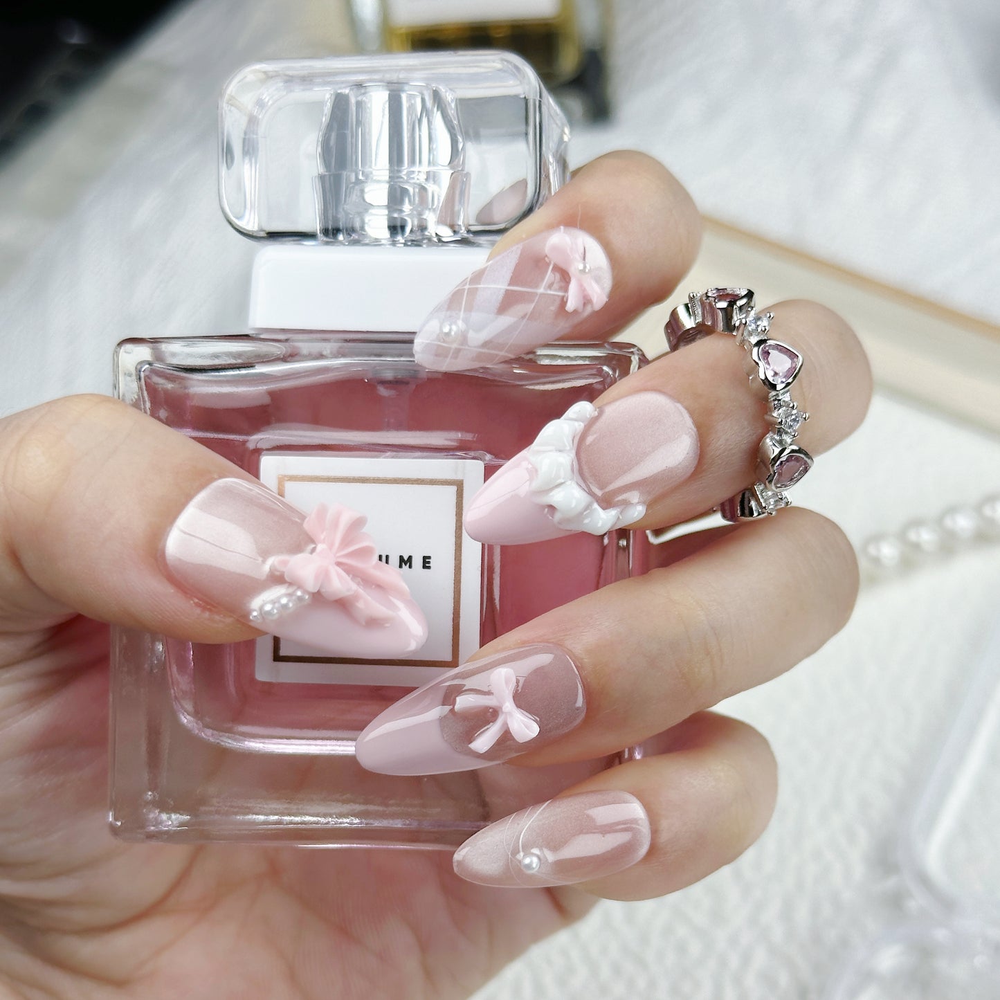 Blush Bow | Handmade Press-On Nails | Style No. A011 | Soft Pink, 3D Bow & Pearl Design, Reusable Nail Set