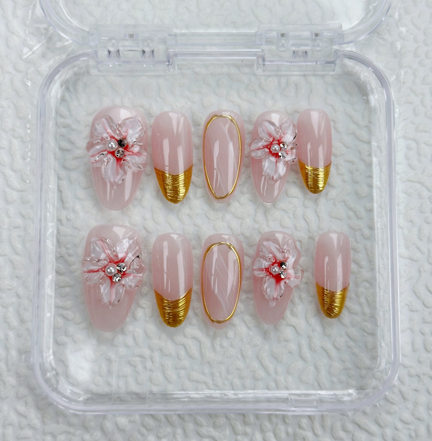 Petal Gold | Handmade Press-On Nails | Style No. A012 | Nude Pink with Gold Tips, 3D Floral Design, Reusable Nail Set