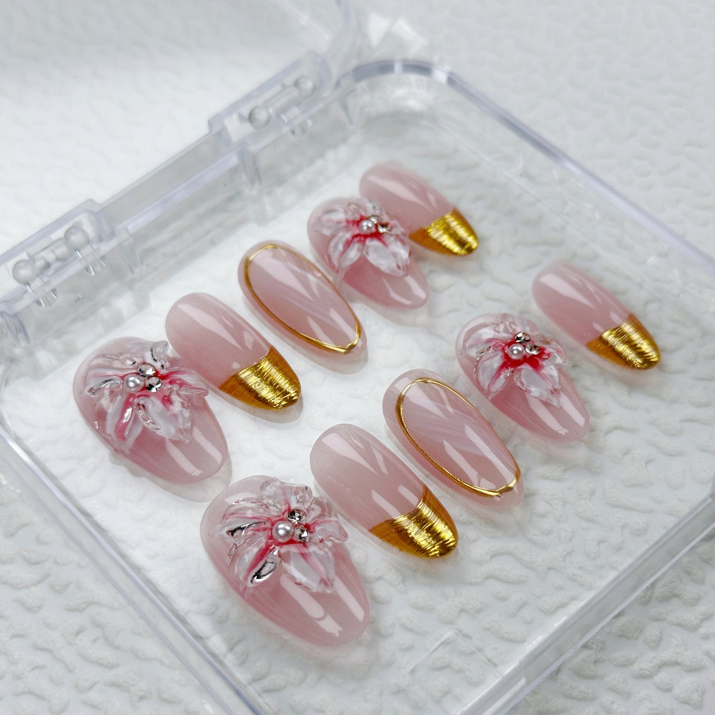 Petal Gold | Handmade Press-On Nails | Style No. A012 | Nude Pink with Gold Tips, 3D Floral Design, Reusable Nail Set