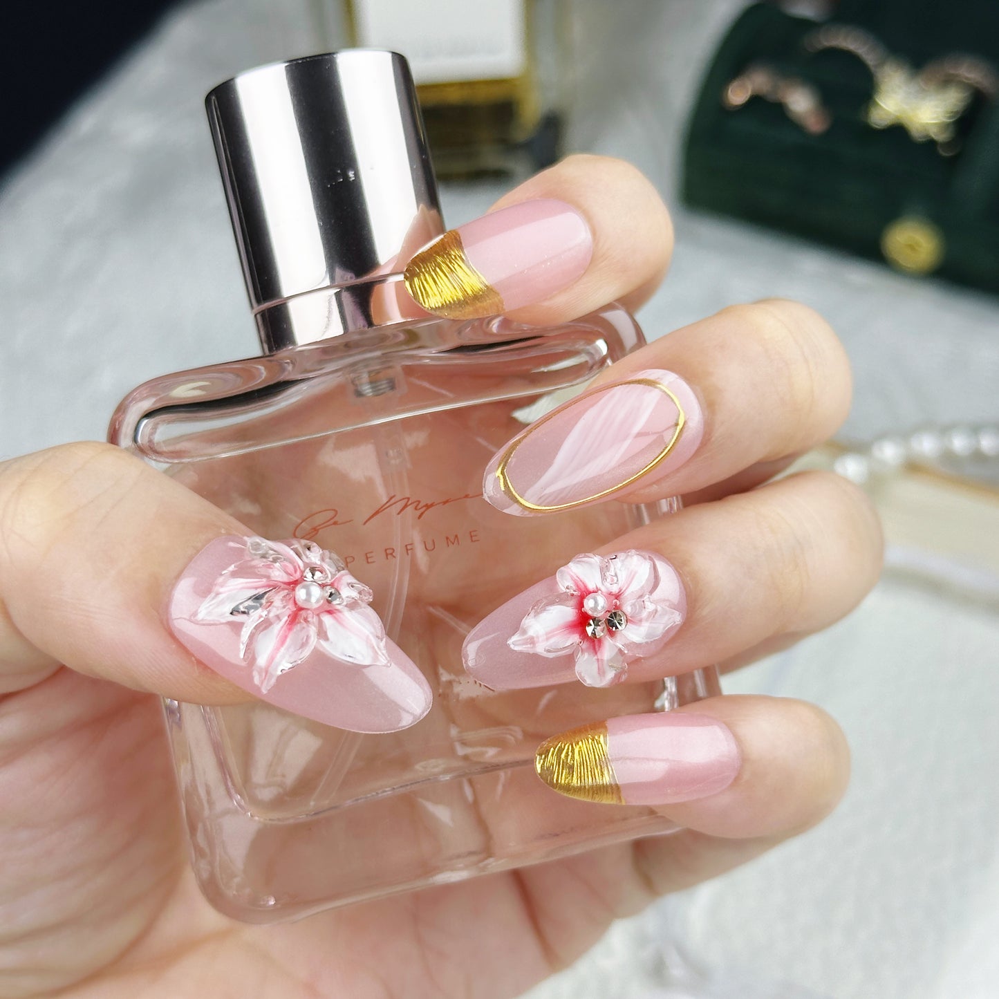 Petal Gold | Handmade Press-On Nails | Style No. A012 | Nude Pink with Gold Tips, 3D Floral Design, Reusable Nail Set