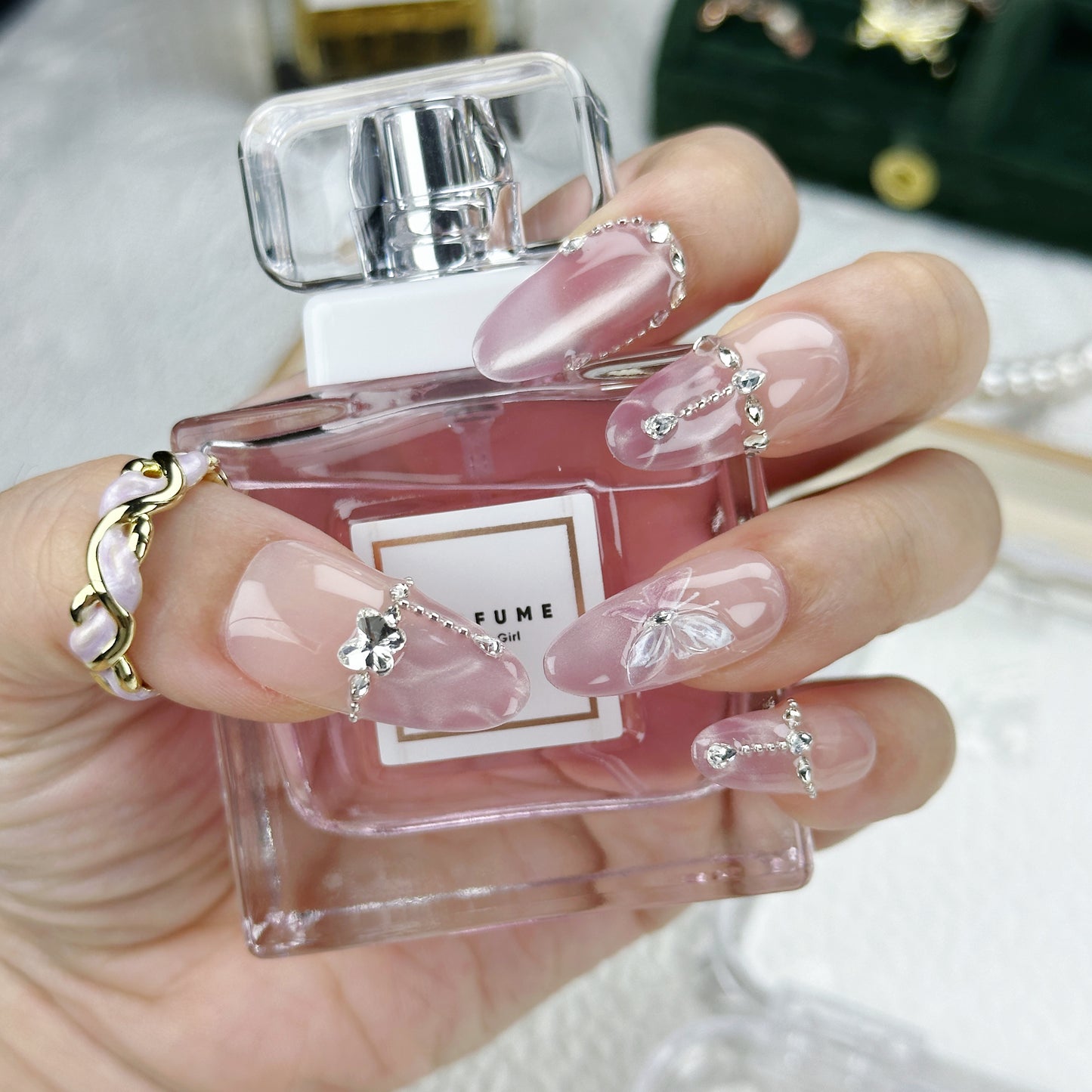 Rose Veil | Handmade Press-On Nails | Style No. A013 | Pink Marble, Rhinestone Chains, Butterfly Accents, Reusable Nail Set