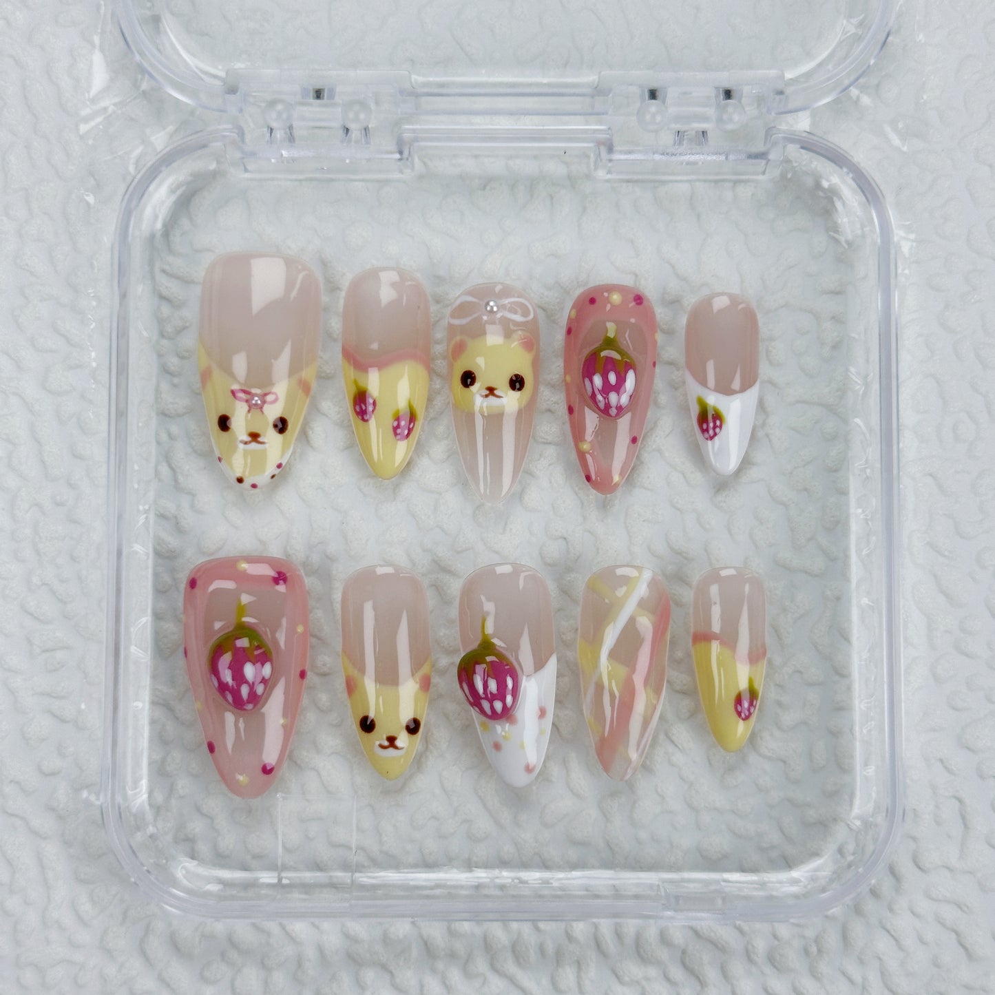 Berry Bear | Handmade Press-On Nails | Style No. A015 | Cute Cartoon Design, Fruit & Animal Theme, Reusable Nail Set