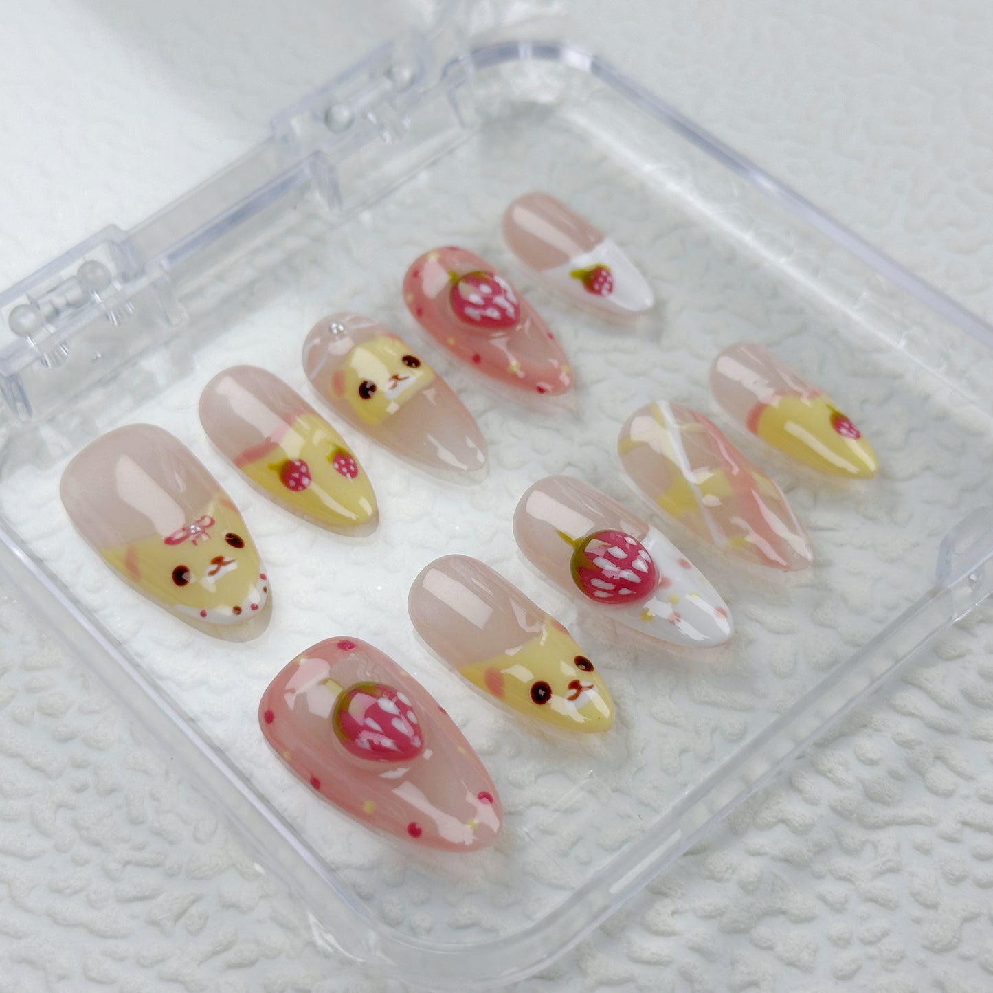 Berry Bear | Handmade Press-On Nails | Style No. A015 | Cute Cartoon Design, Fruit & Animal Theme, Reusable Nail Set
