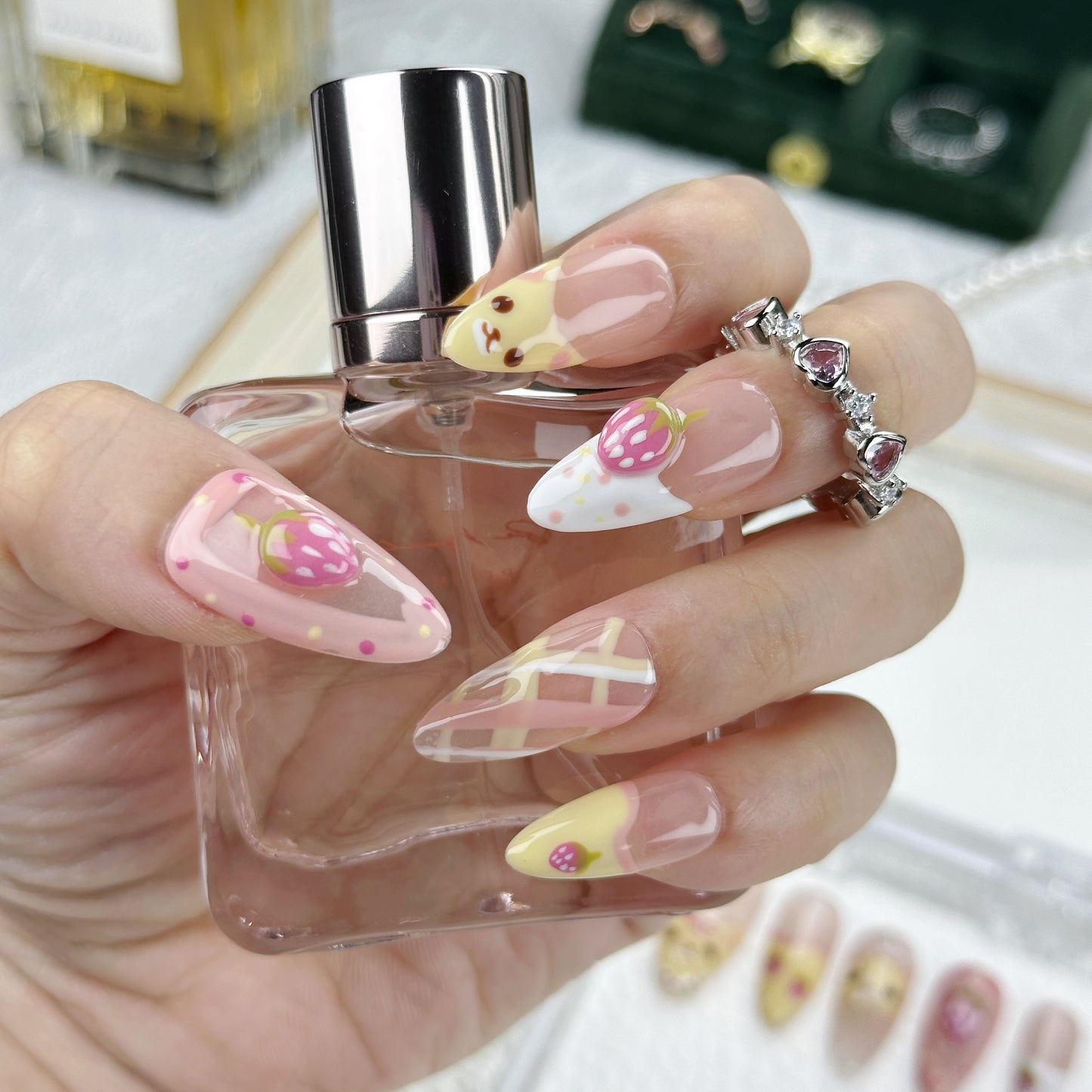 Berry Bear | Handmade Press-On Nails | Style No. A015 | Cute Cartoon Design, Fruit & Animal Theme, Reusable Nail Set