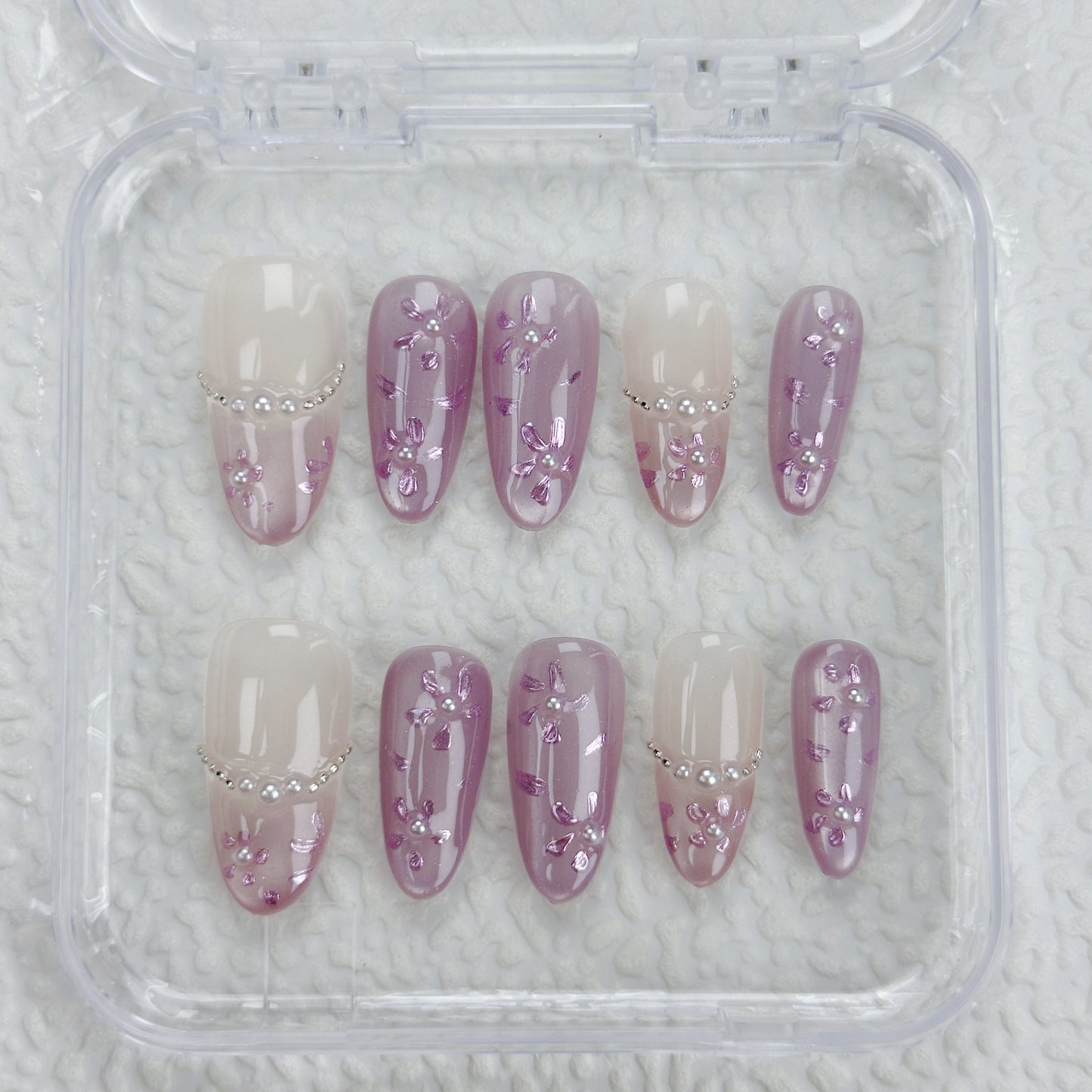 Lavender Jelly | Handmade Press-On Nails | Style No. A016 | Sheer Purple Gloss, Pearl Accents, Reusable Nail Set