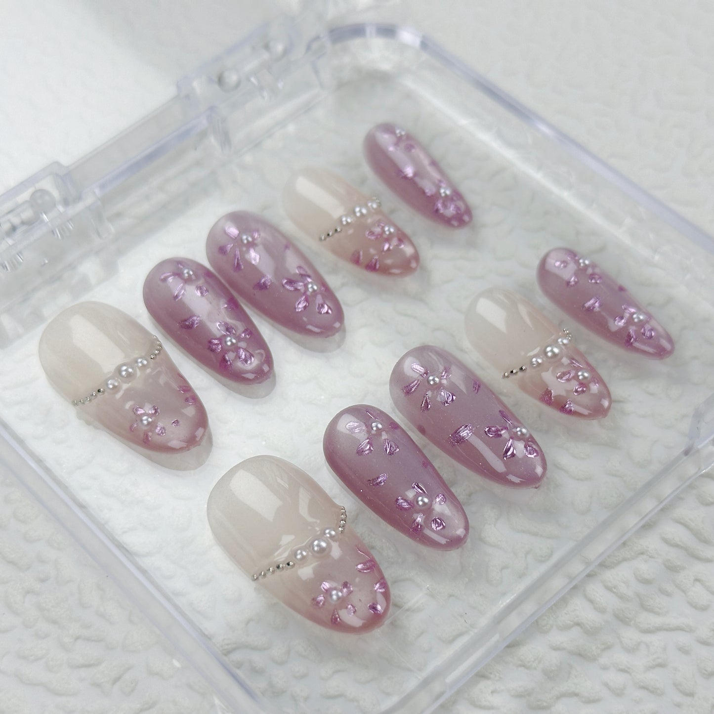 Lavender Jelly | Handmade Press-On Nails | Style No. A016 | Sheer Purple Gloss, Pearl Accents, Reusable Nail Set