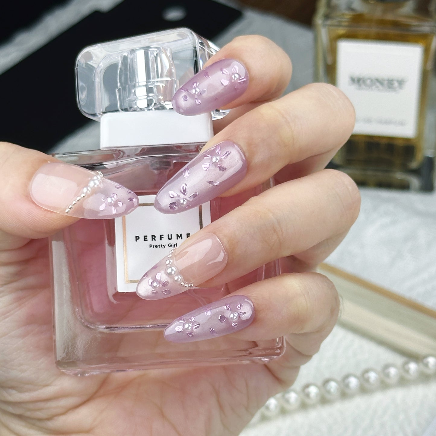 Lavender Jelly | Handmade Press-On Nails | Style No. A016 | Sheer Purple Gloss, Pearl Accents, Reusable Nail Set