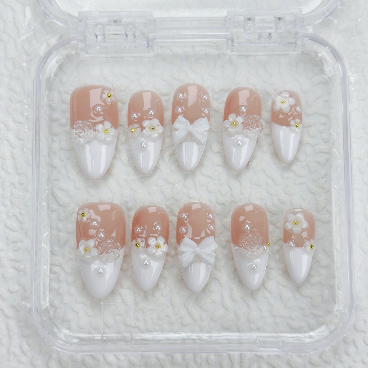 Daisy Lace | Handmade Press-On Nails | Style No. A017 | French Tip, 3D Flowers & Bow Accents, Reusable Nail Set