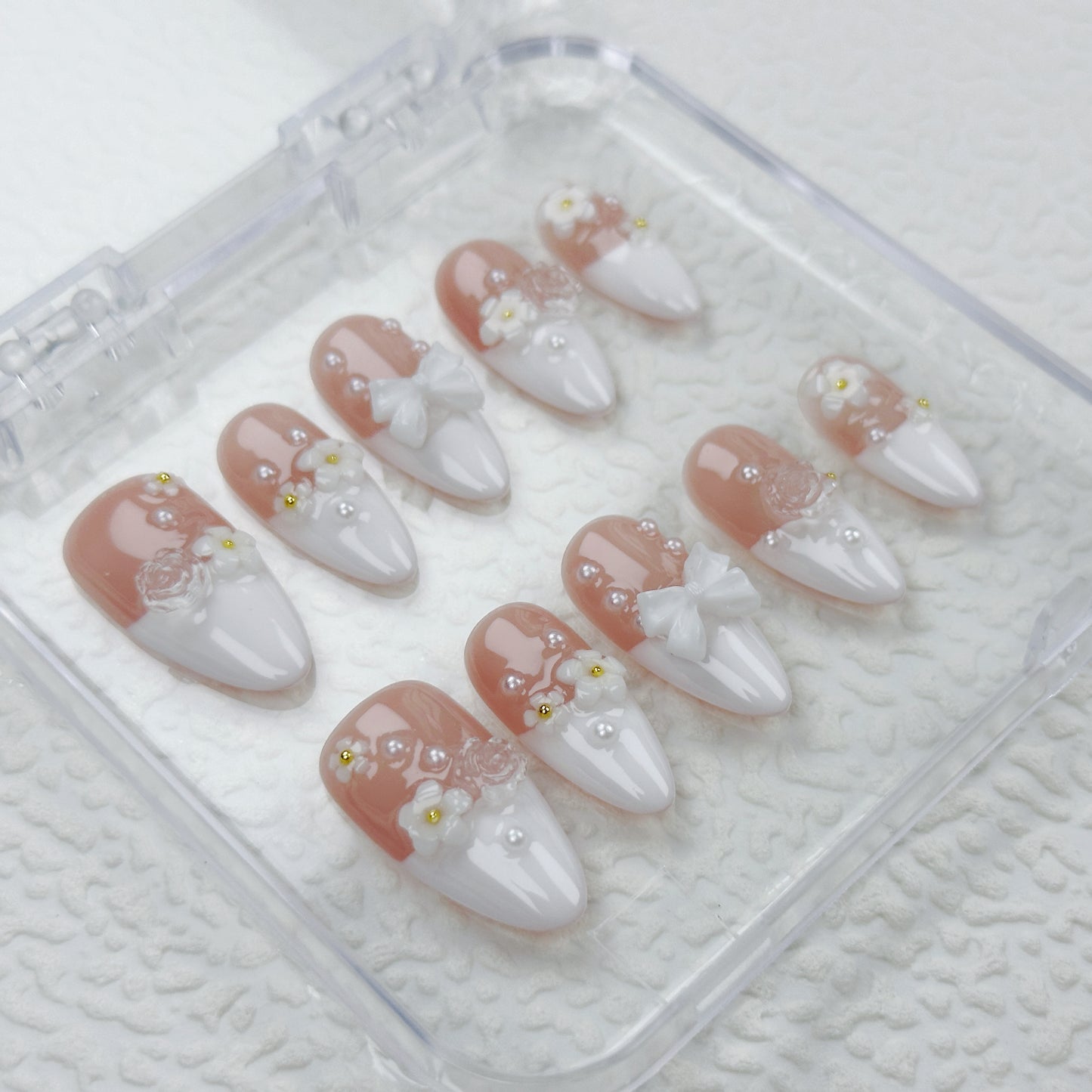 Daisy Lace | Handmade Press-On Nails | Style No. A017 | French Tip, 3D Flowers & Bow Accents, Reusable Nail Set