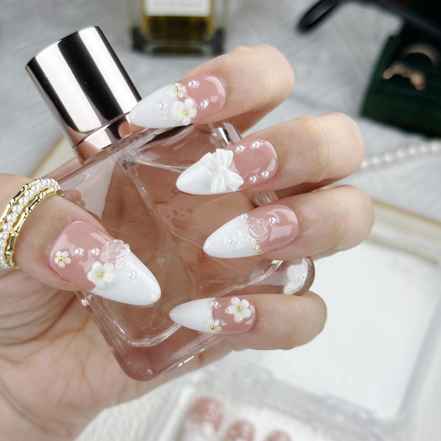 Daisy Lace | Handmade Press-On Nails | Style No. A017 | French Tip, 3D Flowers & Bow Accents, Reusable Nail Set