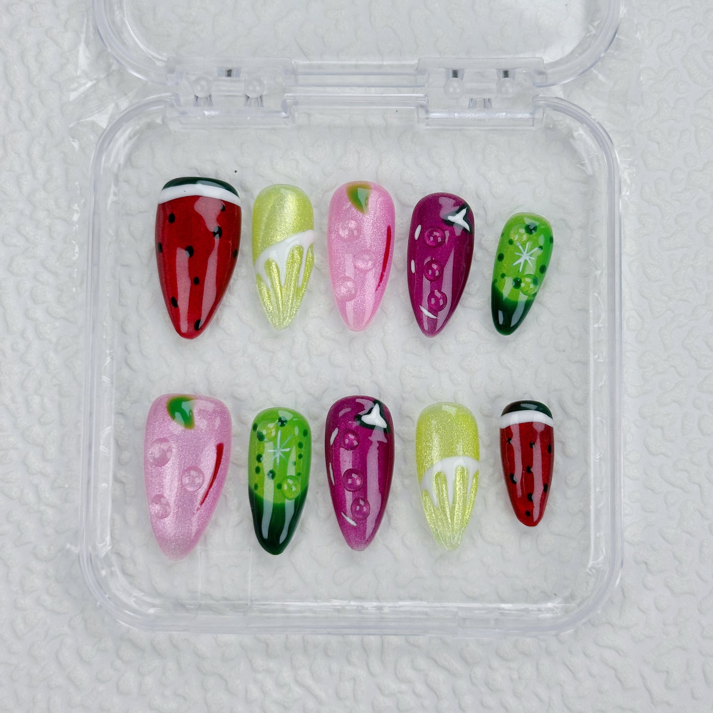 Fruit Pop | Handmade Press-On Nails | Style No. A019 | Mixed Fruit Design, Kawaii Aesthetic, Reusable Nail Set