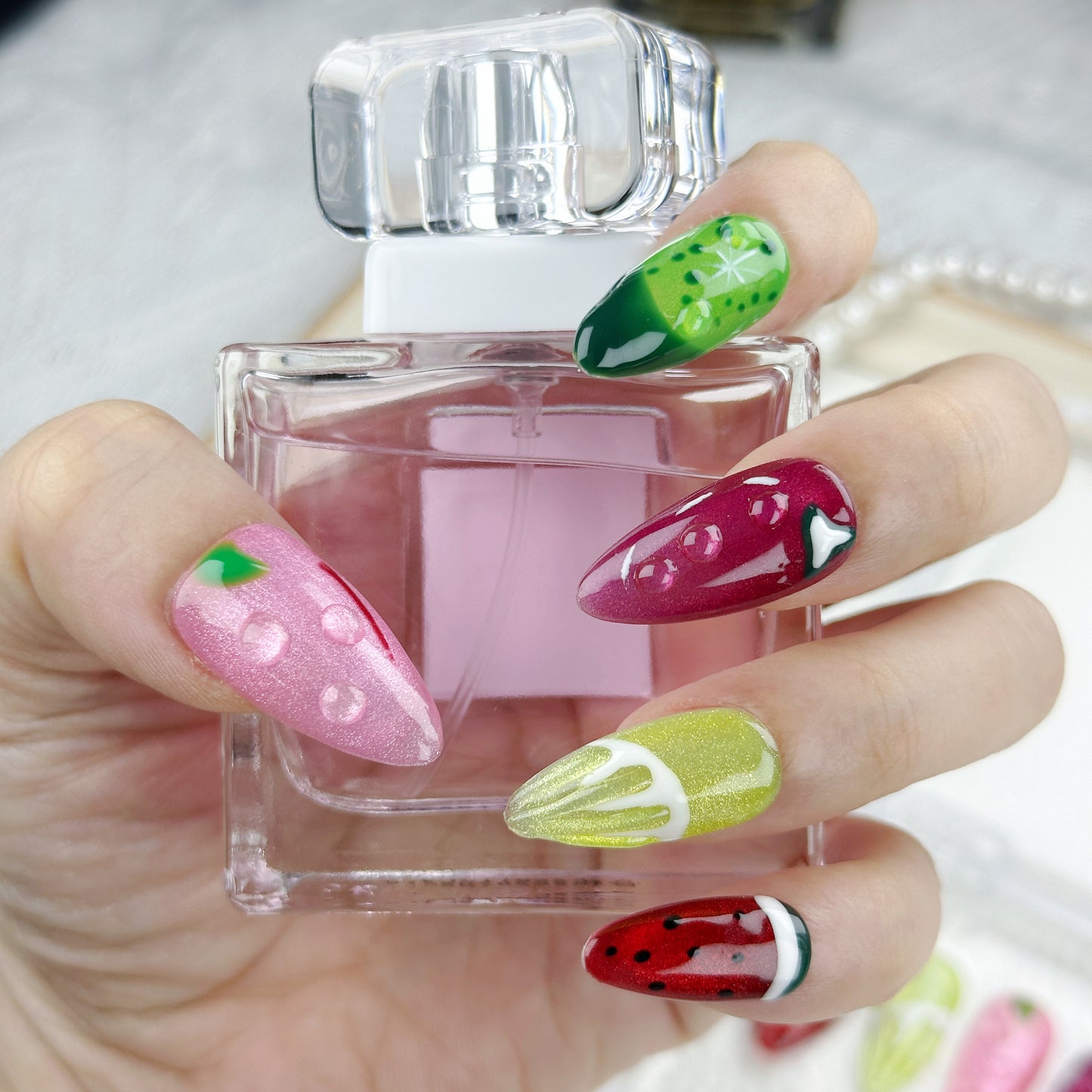 Fruit Pop | Handmade Press-On Nails | Style No. A019 | Mixed Fruit Design, Kawaii Aesthetic, Reusable Nail Set