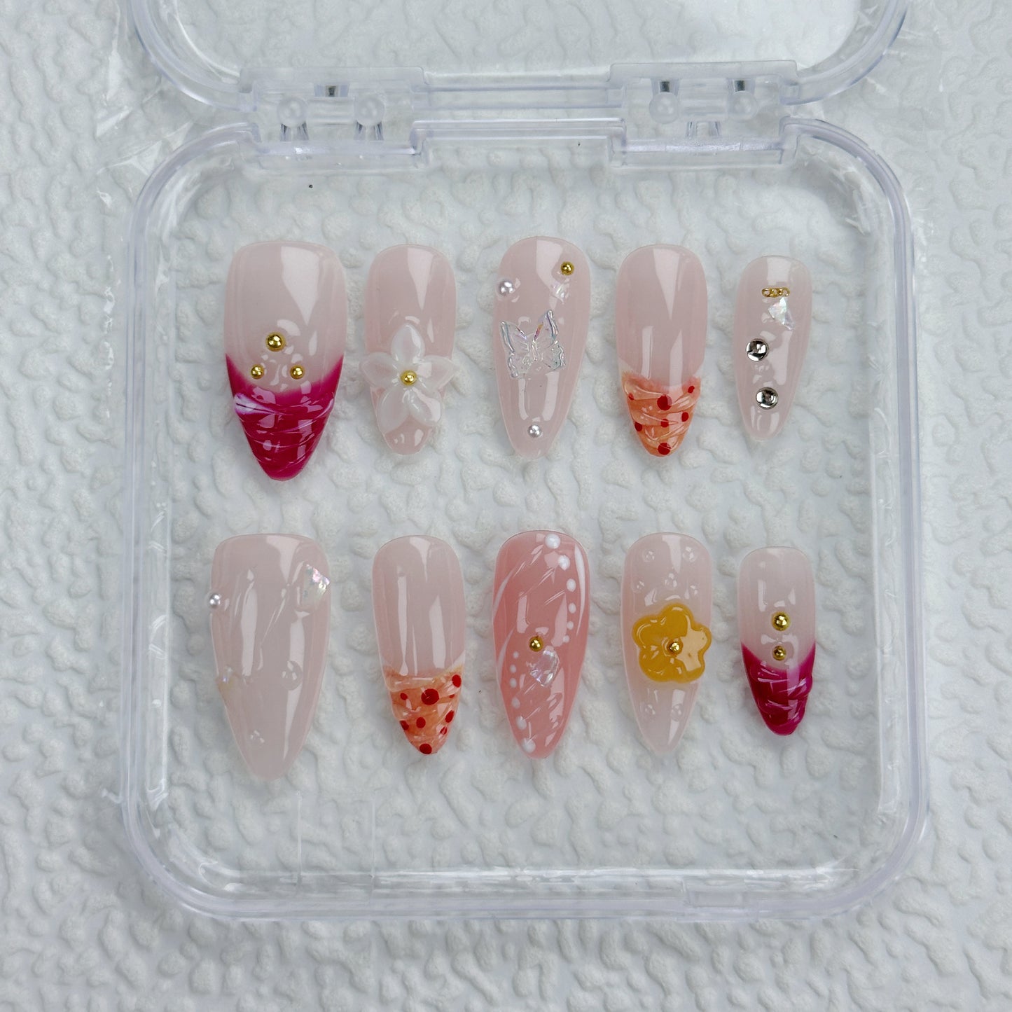 Peachy Bloom | Handmade Press-On Nails | Style No. A020 | Gradient French Tips, Floral & Fruit Accents, Reusable Nail Set