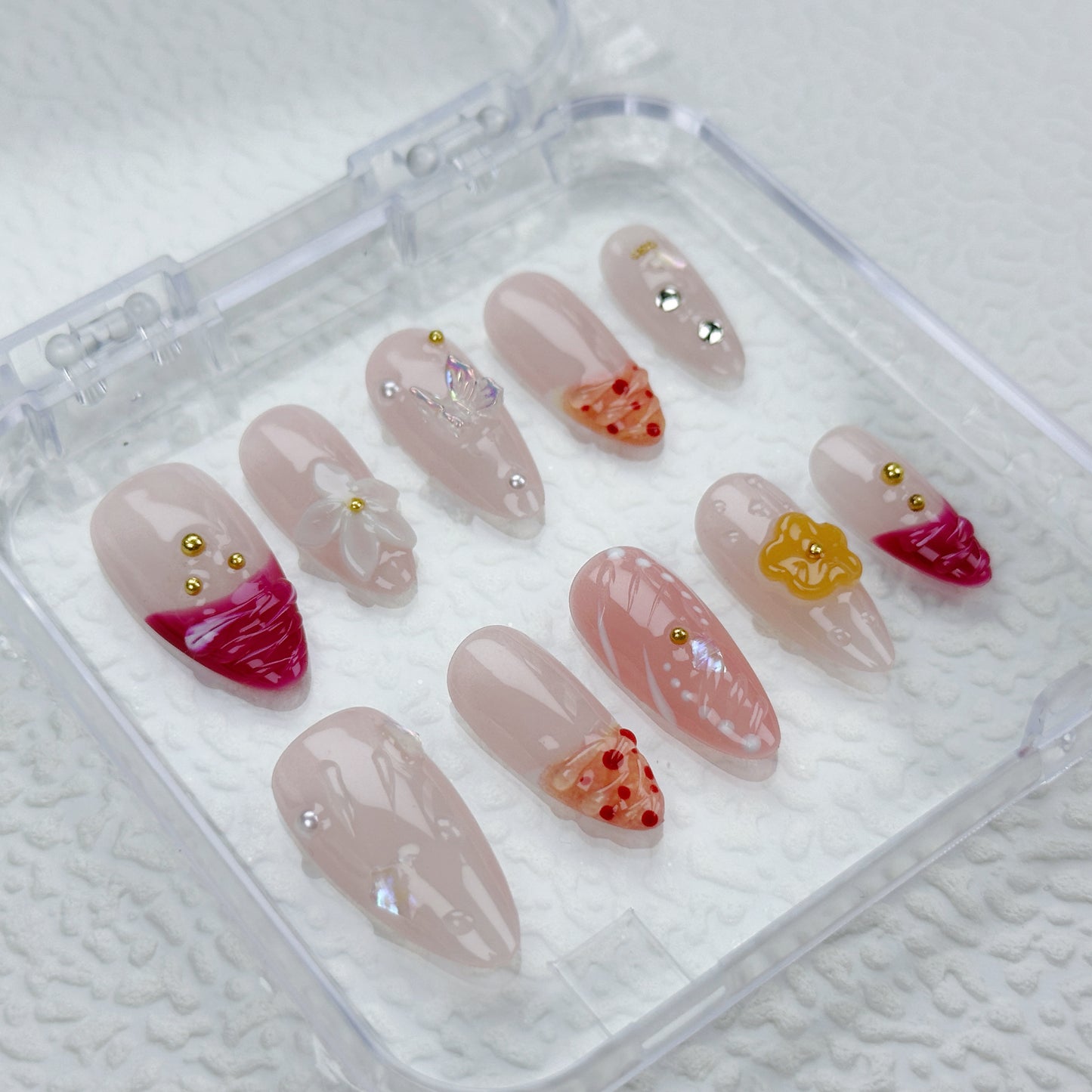 Peachy Bloom | Handmade Press-On Nails | Style No. A020 | Gradient French Tips, Floral & Fruit Accents, Reusable Nail Set