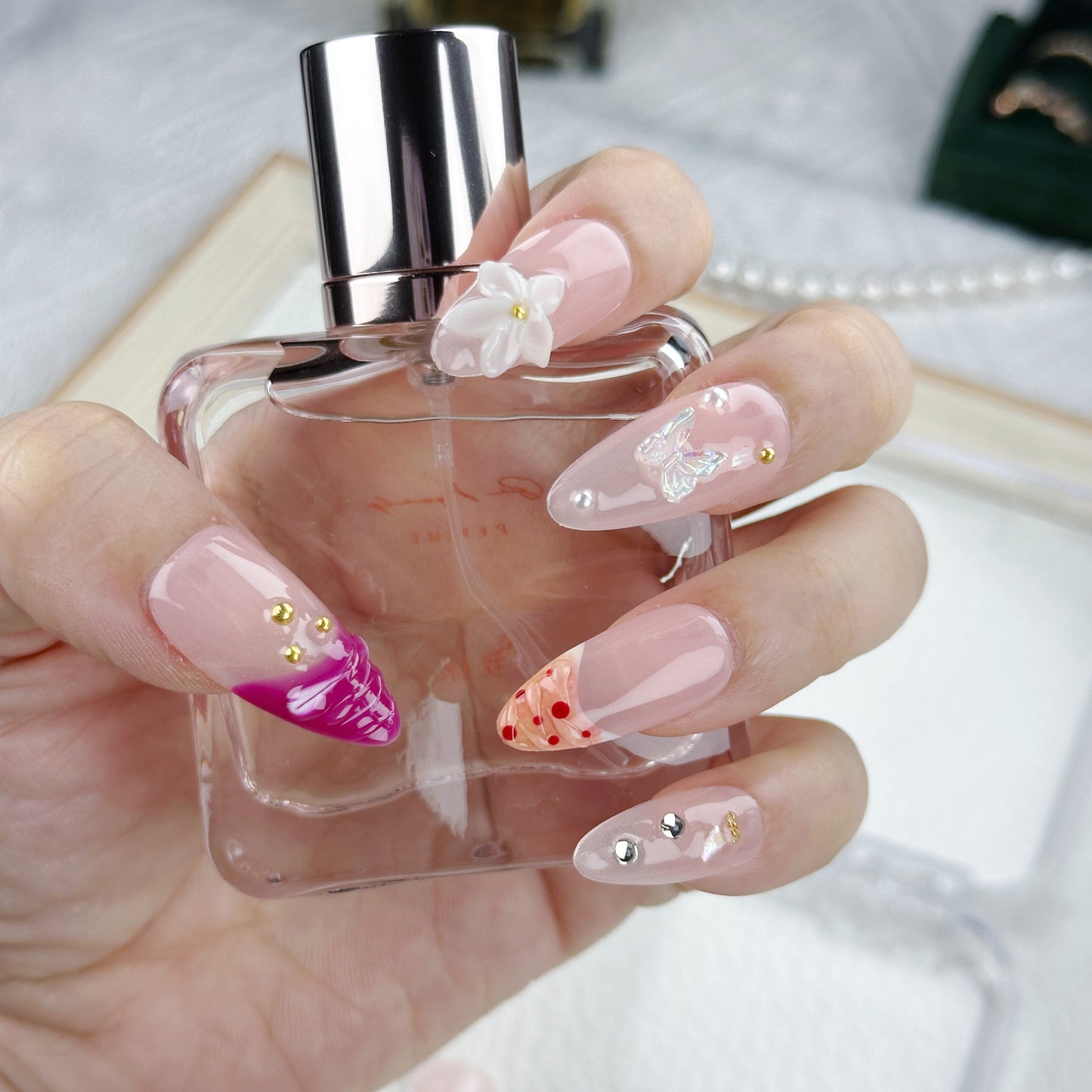 Peachy Bloom | Handmade Press-On Nails | Style No. A020 | Gradient French Tips, Floral & Fruit Accents, Reusable Nail Set