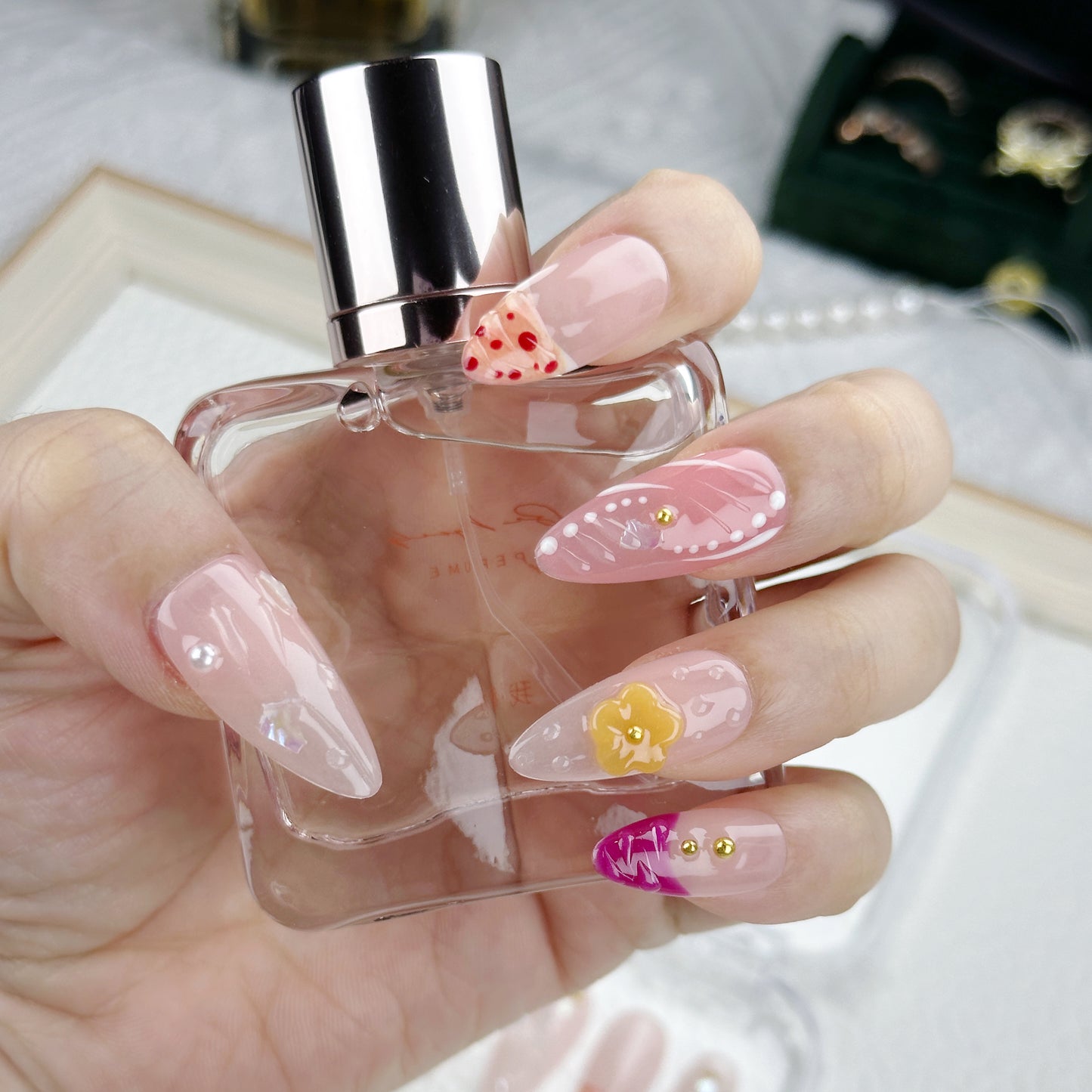 Peachy Bloom | Handmade Press-On Nails | Style No. A020 | Gradient French Tips, Floral & Fruit Accents, Reusable Nail Set
