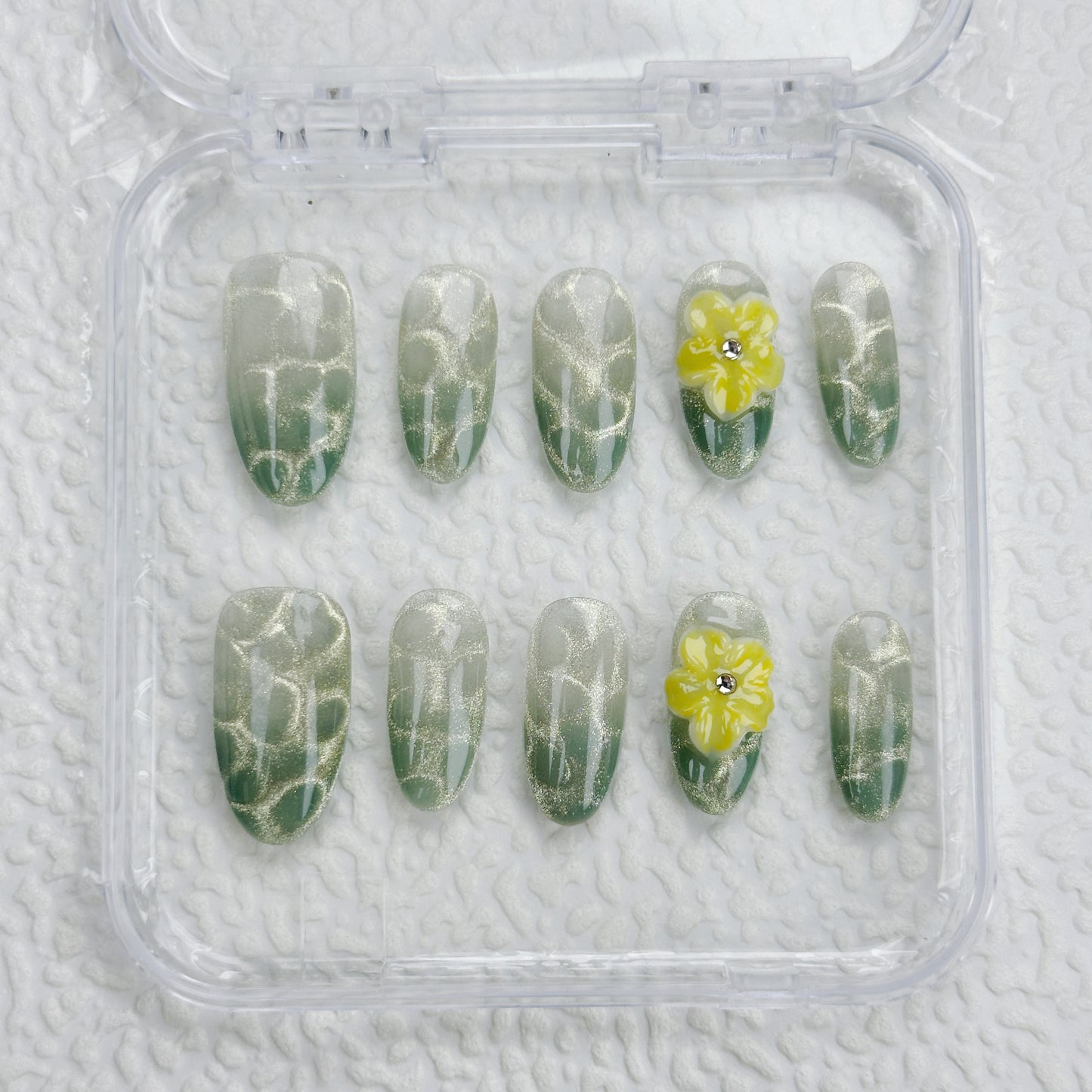 Forest Lace | Handmade Press-On Nails | Style No. A021 | Green Vein Texture, 3D Floral Accent, Reusable Nature-Inspired Nail Set