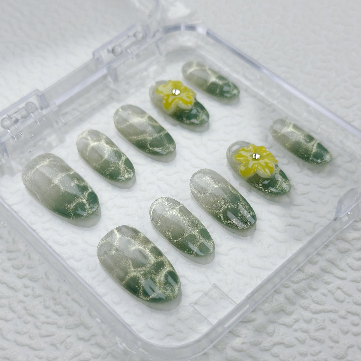 Forest Lace | Handmade Press-On Nails | Style No. A021 | Green Vein Texture, 3D Floral Accent, Reusable Nature-Inspired Nail Set