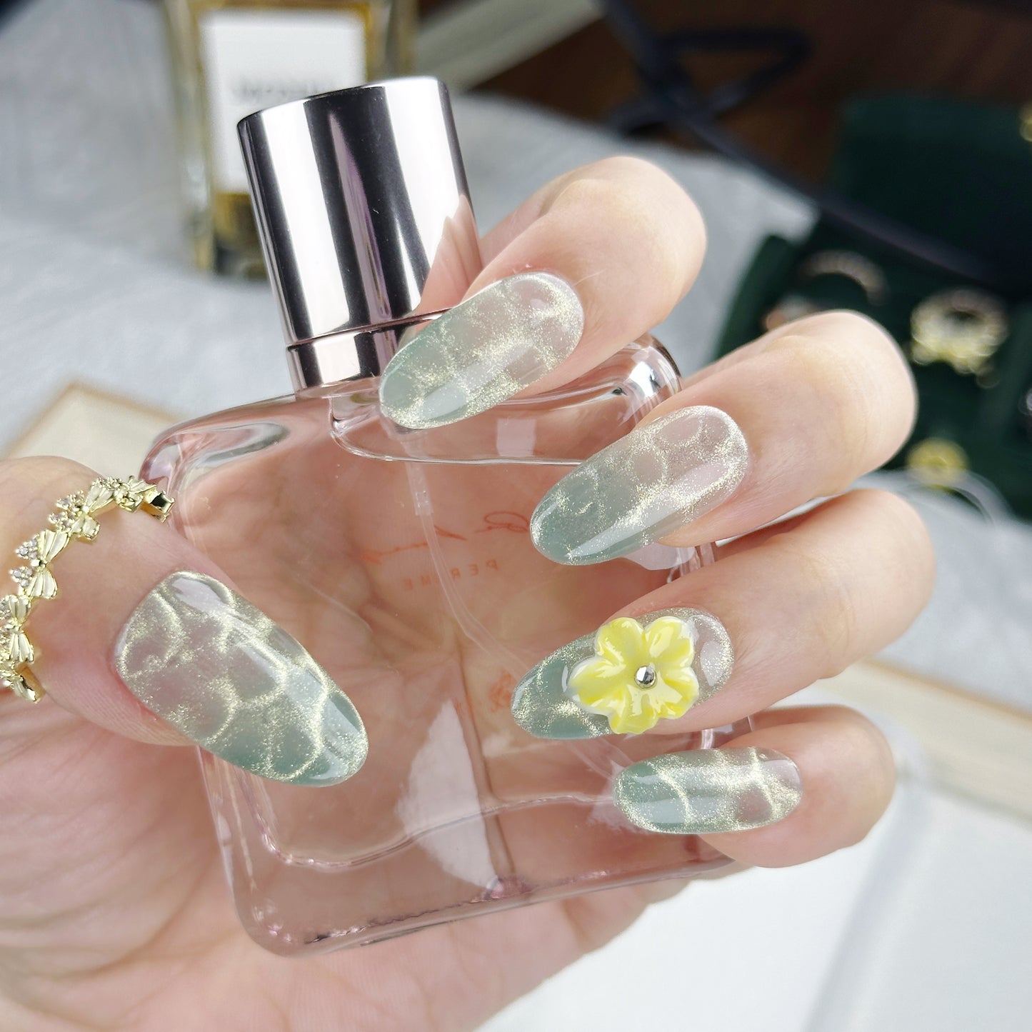 Forest Lace | Handmade Press-On Nails | Style No. A021 | Green Vein Texture, 3D Floral Accent, Reusable Nature-Inspired Nail Set