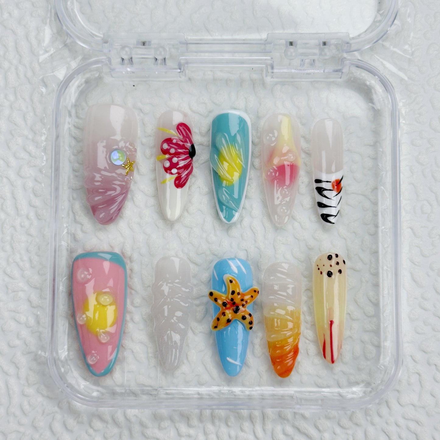 Tropical Vibes | Handmade Press-On Nails | Style No. A022 | Summer Colors, 3D Sea Life Accents, Reusable Nail Set