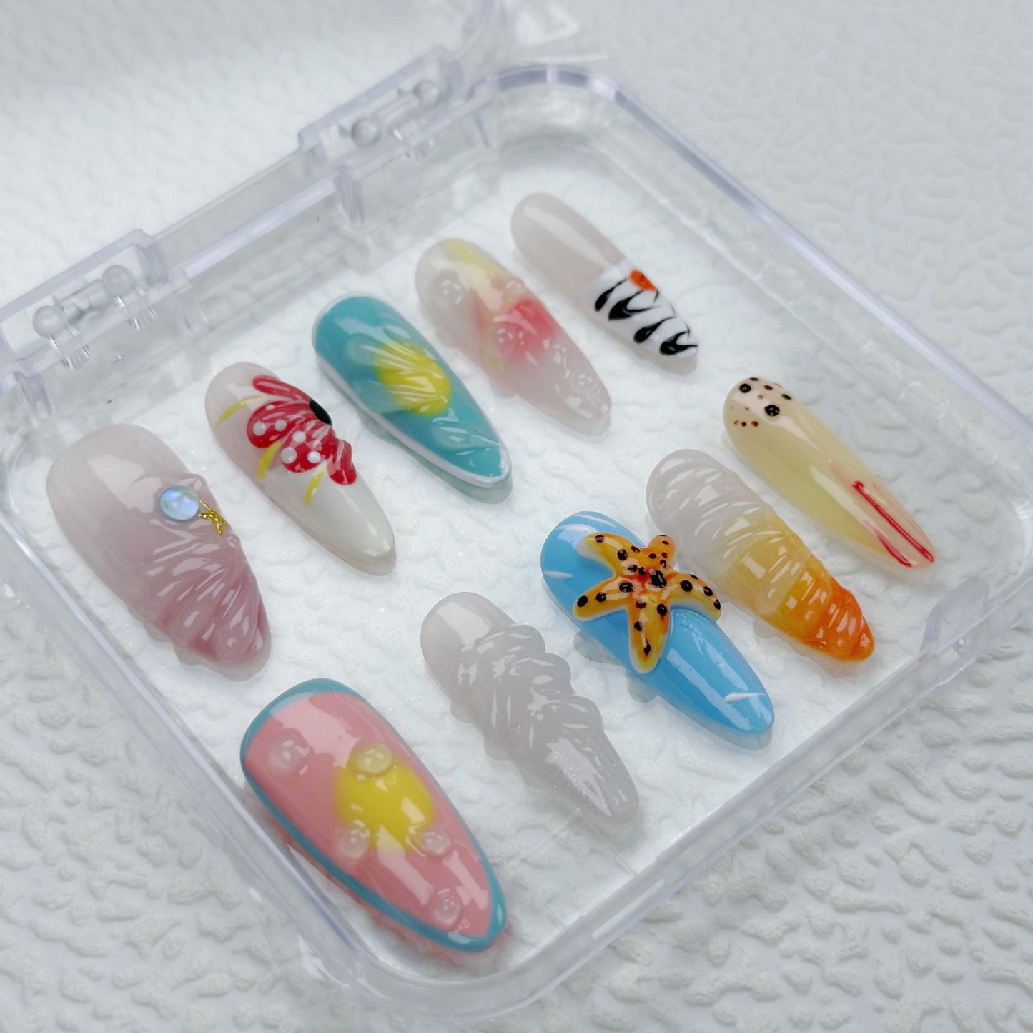 Tropical Vibes | Handmade Press-On Nails | Style No. A022 | Summer Colors, 3D Sea Life Accents, Reusable Nail Set