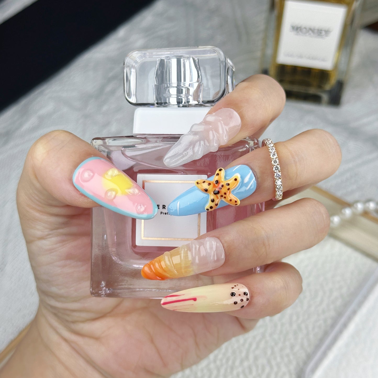Tropical Vibes | Handmade Press-On Nails | Style No. A022 | Summer Colors, 3D Sea Life Accents, Reusable Nail Set