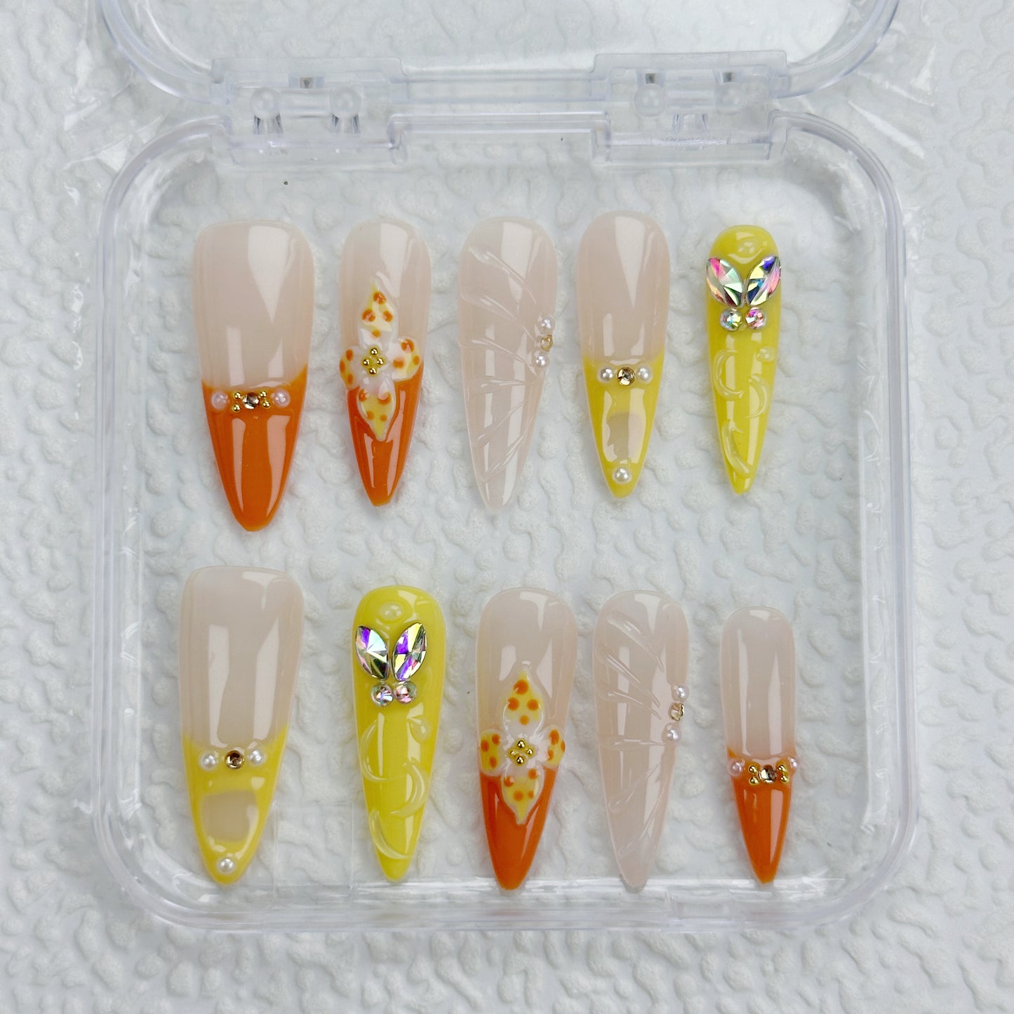 Citrus Bloom | Handmade Press-On Nails | Style No. A023 | Orange & Yellow Tips, Butterfly & Floral Accents, Reusable Nail Set