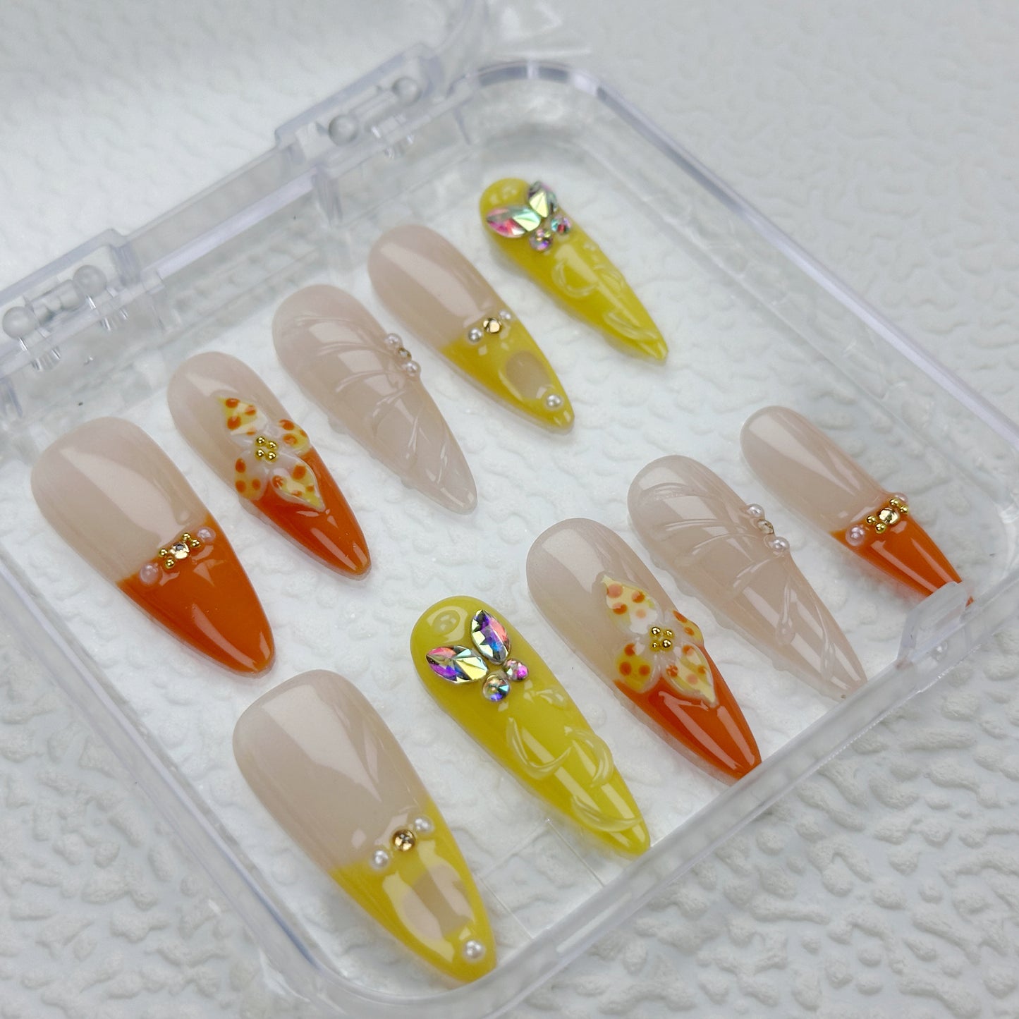Citrus Bloom | Handmade Press-On Nails | Style No. A023 | Orange & Yellow Tips, Butterfly & Floral Accents, Reusable Nail Set