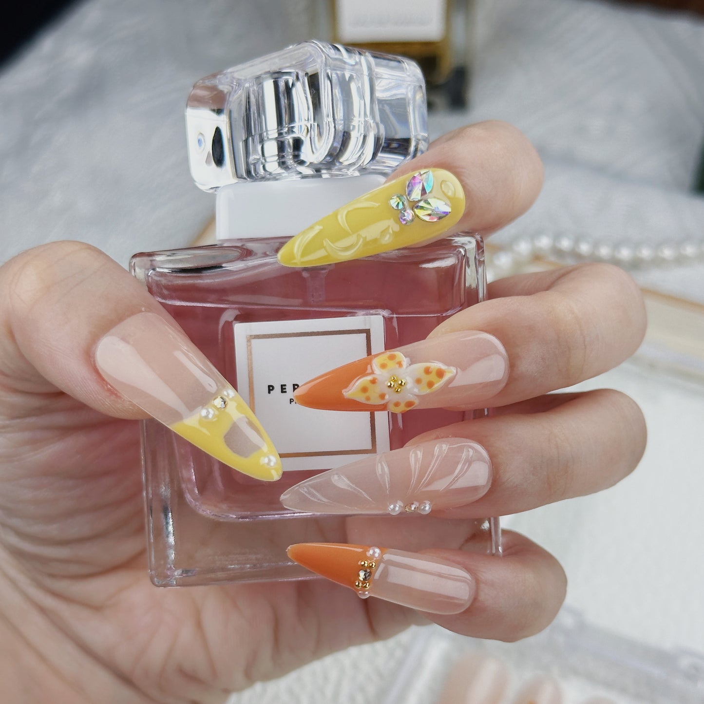 Citrus Bloom | Handmade Press-On Nails | Style No. A023 | Orange & Yellow Tips, Butterfly & Floral Accents, Reusable Nail Set