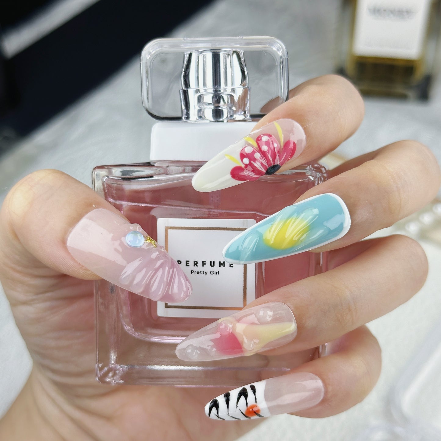 Tropical Vibes | Handmade Press-On Nails | Style No. A022 | Summer Colors, 3D Sea Life Accents, Reusable Nail Set