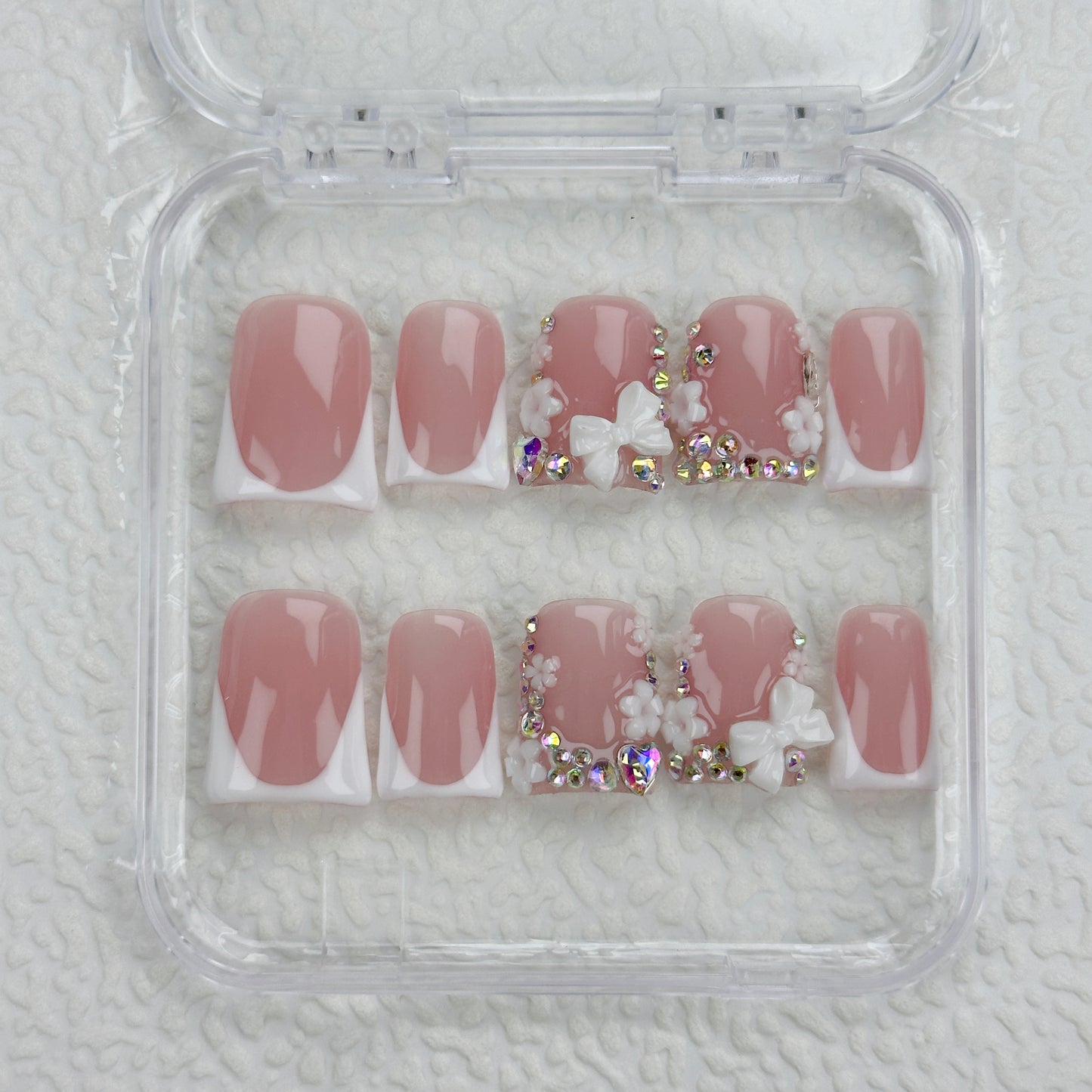 Butterfly Grace | Handmade Press-On Nails | Style No. A027 | Nude French Tip, 3D Butterfly & Rhinestone Accents, Reusable Nail Set