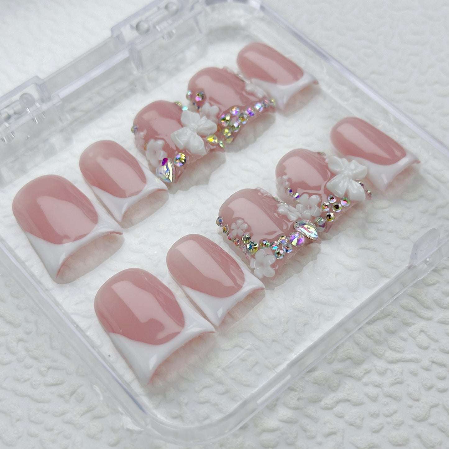 Butterfly Grace | Handmade Press-On Nails | Style No. A027 | Nude French Tip, 3D Butterfly & Rhinestone Accents, Reusable Nail Set