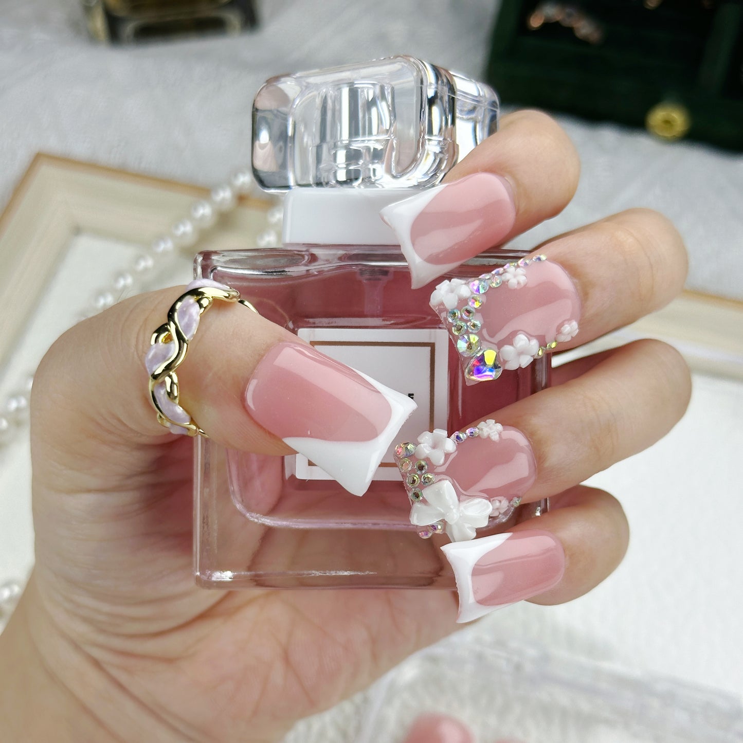 Butterfly Grace | Handmade Press-On Nails | Style No. A027 | Nude French Tip, 3D Butterfly & Rhinestone Accents, Reusable Nail Set