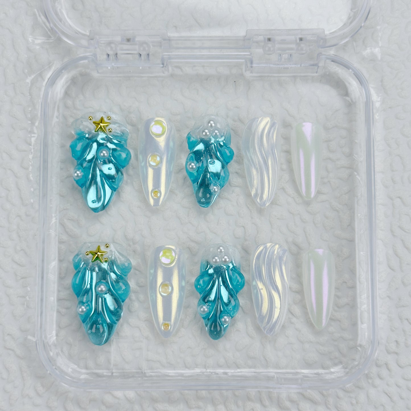 Frozen Pearl | Handmade Press-On Nails | Style No. A028 | 3D Blue Sculpted Charms, Iridescent White Shell Finish, Reusable Nail Set