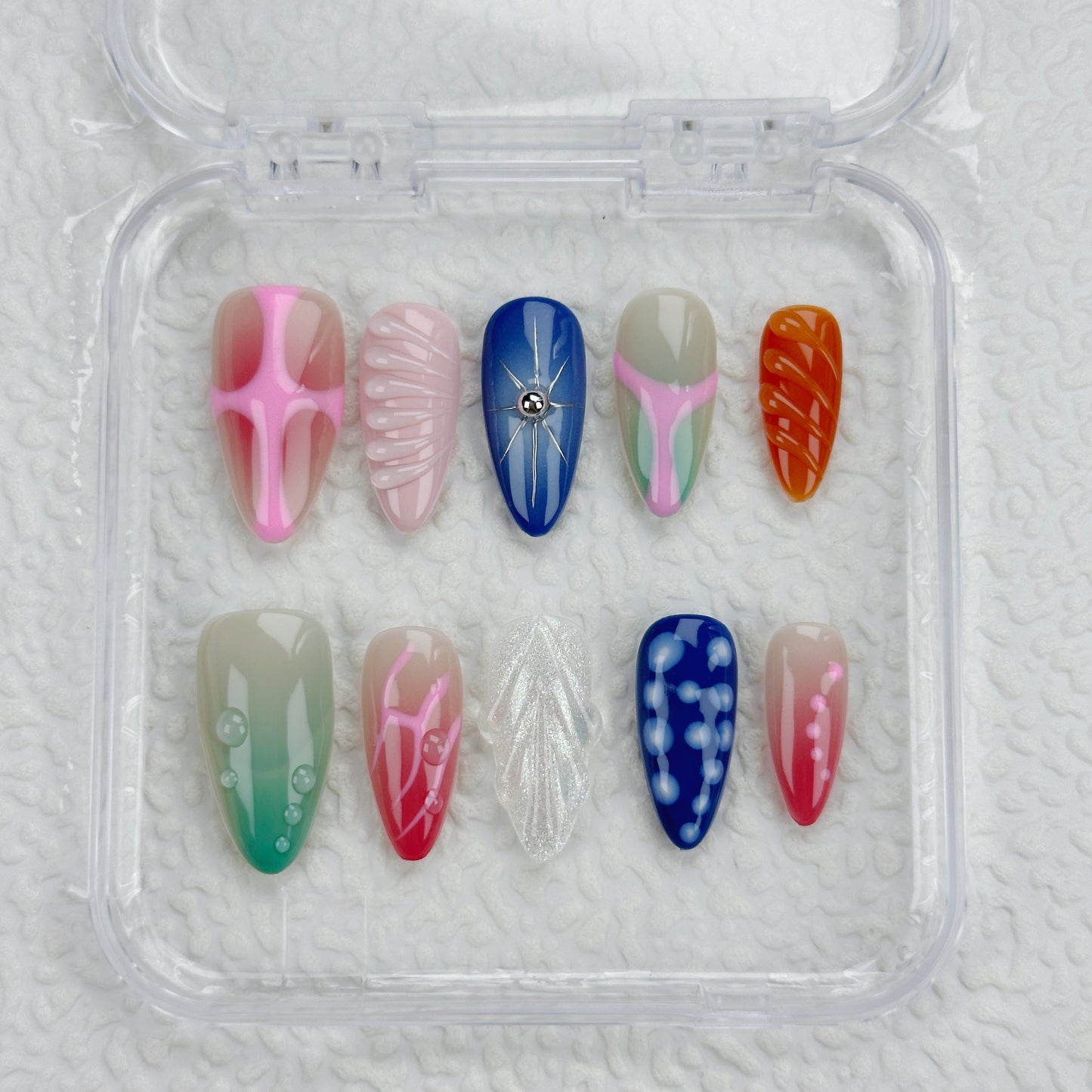 Neo Pop | Handmade Press-On Nails | Style No. A029 | Color Block Design, Mixed Textures & Patterns, Reusable Trendy Nail Set