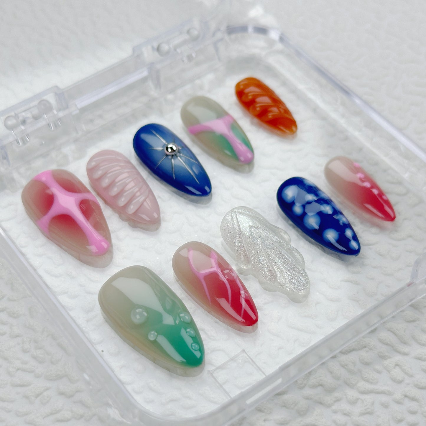 Neo Pop | Handmade Press-On Nails | Style No. A029 | Color Block Design, Mixed Textures & Patterns, Reusable Trendy Nail Set