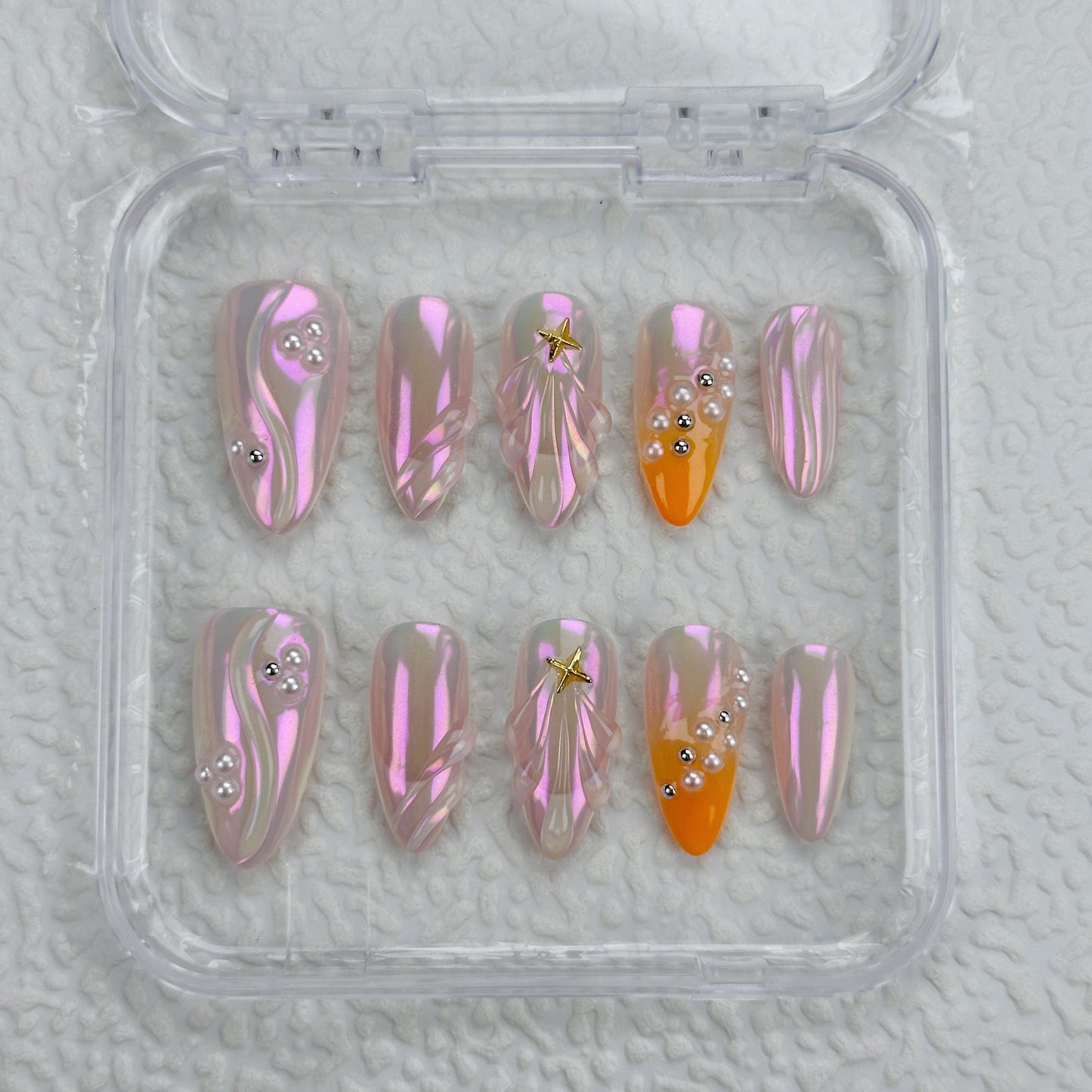 Pink Aurora | Handmade Press-On Nails | Style No. A030 | Iridescent Chrome Pink, Star & Stud Accents, Reusable Nail Set