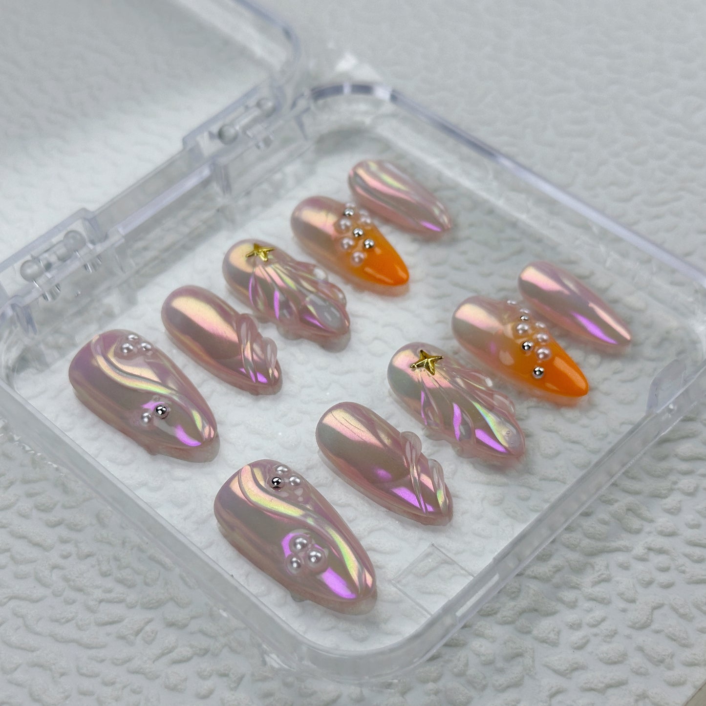 Pink Aurora | Handmade Press-On Nails | Style No. A030 | Iridescent Chrome Pink, Star & Stud Accents, Reusable Nail Set