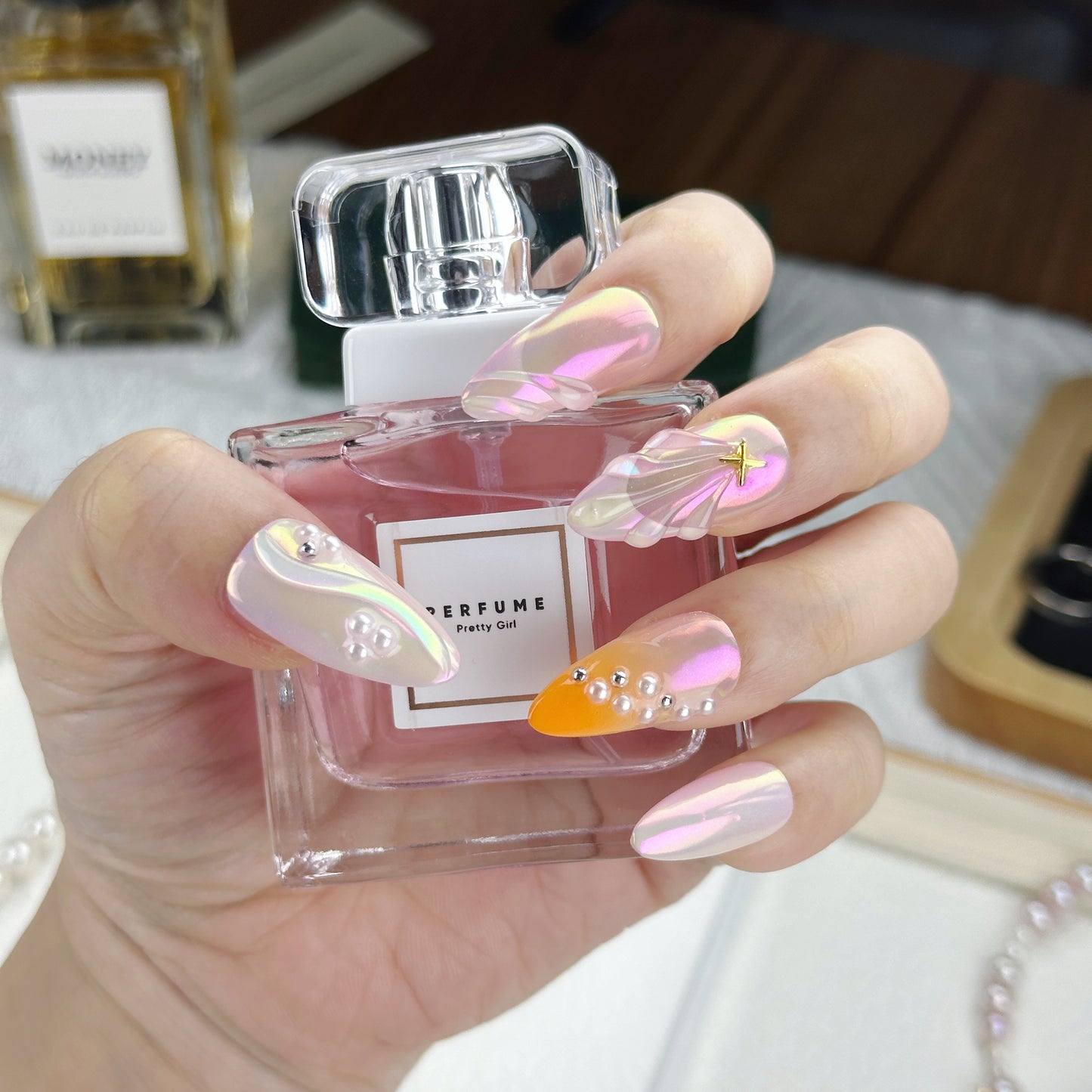 Pink Aurora | Handmade Press-On Nails | Style No. A030 | Iridescent Chrome Pink, Star & Stud Accents, Reusable Nail Set