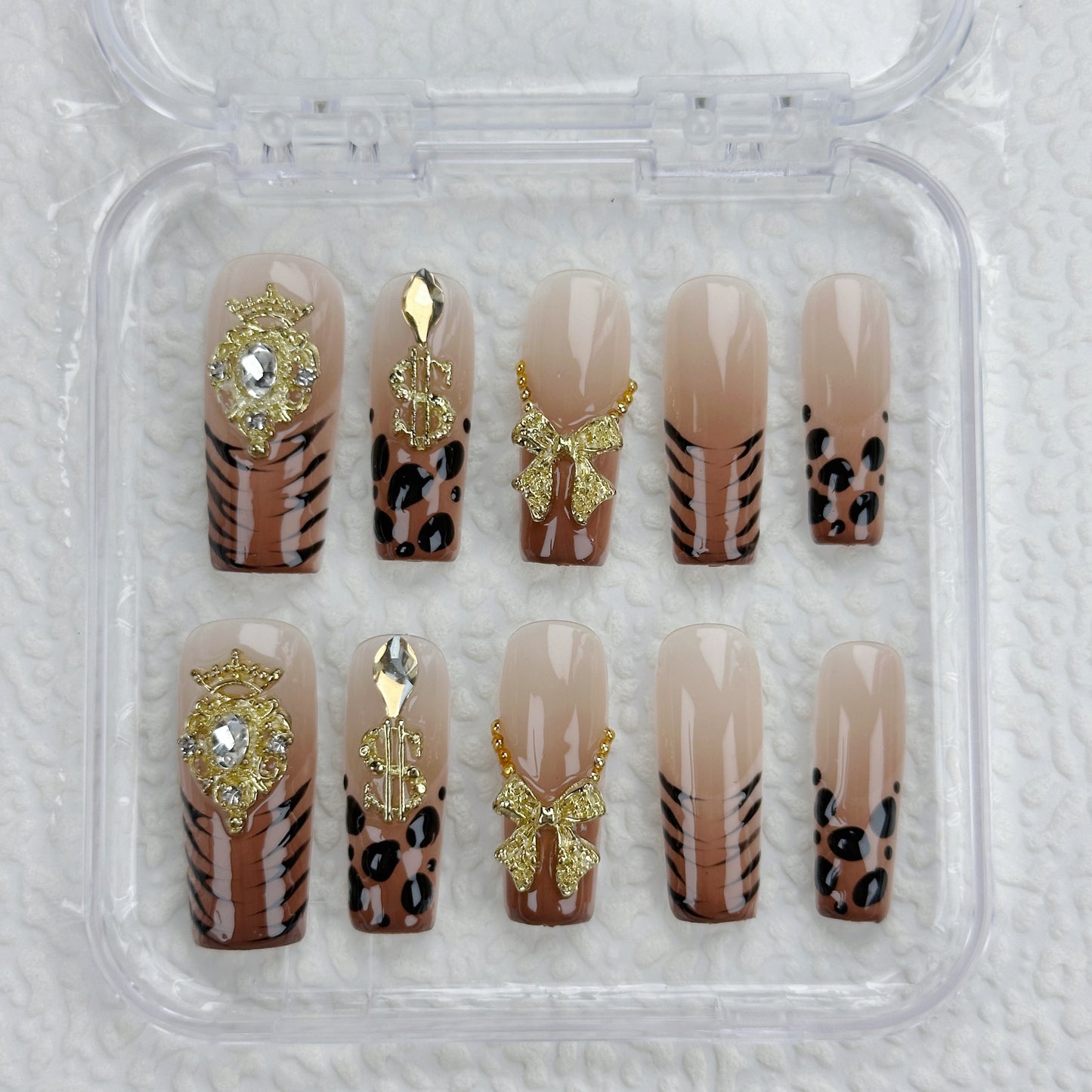 Savage Luxe | Handmade Press-On Nails | Style No. A031 | Leopard Print, Gold Charms, Glam Reusable Nail Set