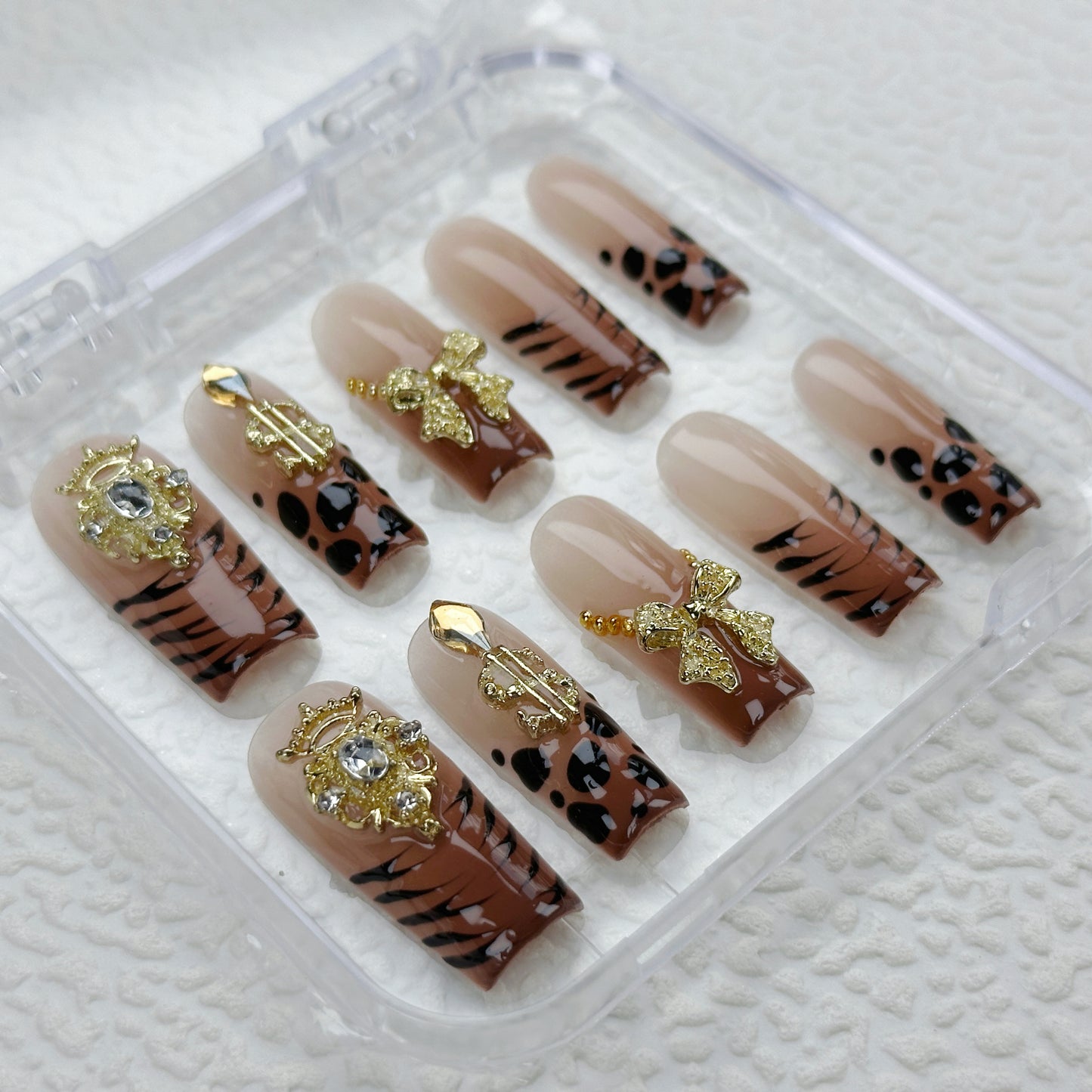 Savage Luxe | Handmade Press-On Nails | Style No. A031 | Leopard Print, Gold Charms, Glam Reusable Nail Set