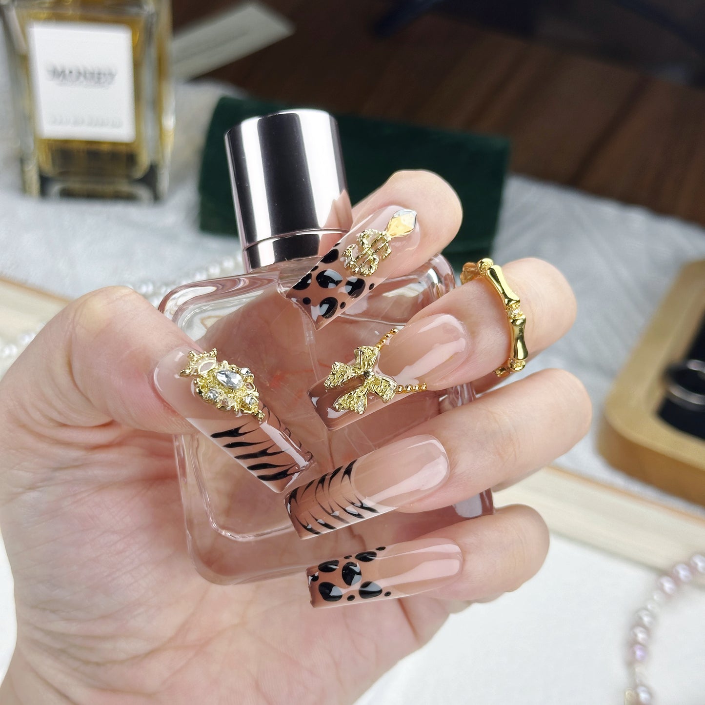 Savage Luxe | Handmade Press-On Nails | Style No. A031 | Leopard Print, Gold Charms, Glam Reusable Nail Set