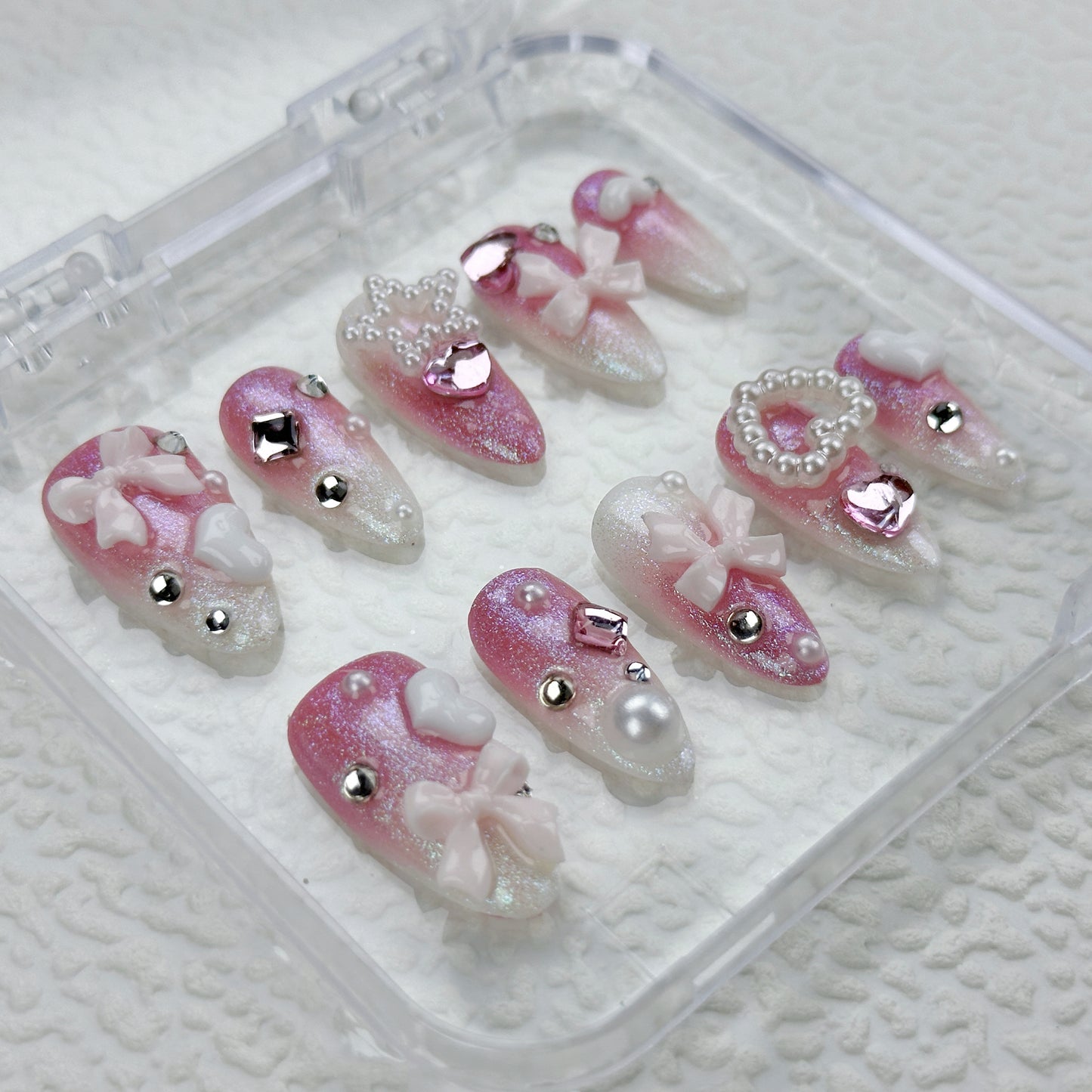 Sweetheart Glaze | Handmade Press-On Nails | Style No. A032 | Pink Glitter Gradient, 3D Hearts & Bows, Reusable Kawaii Nail Set