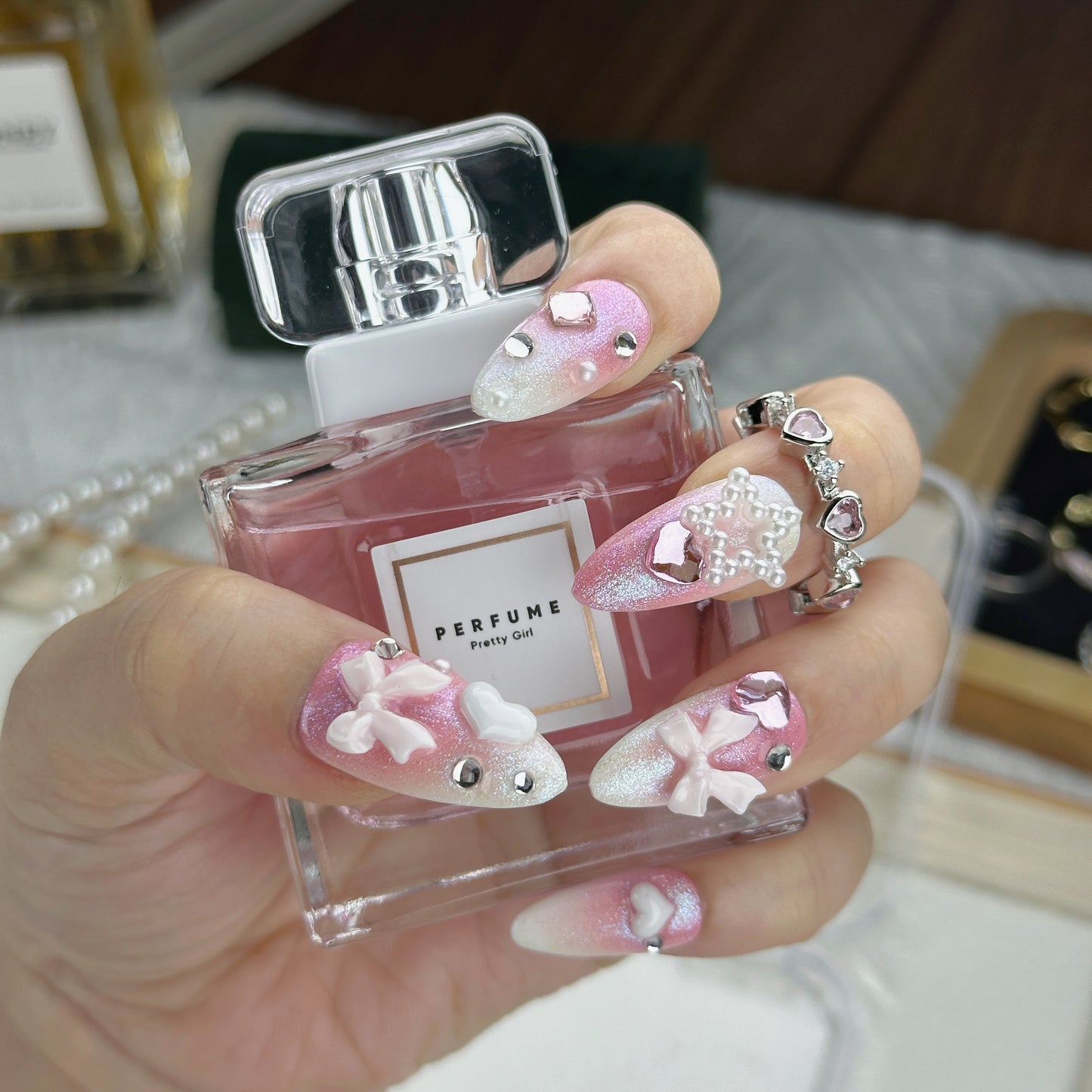 Sweetheart Glaze | Handmade Press-On Nails | Style No. A032 | Pink Glitter Gradient, 3D Hearts & Bows, Reusable Kawaii Nail Set
