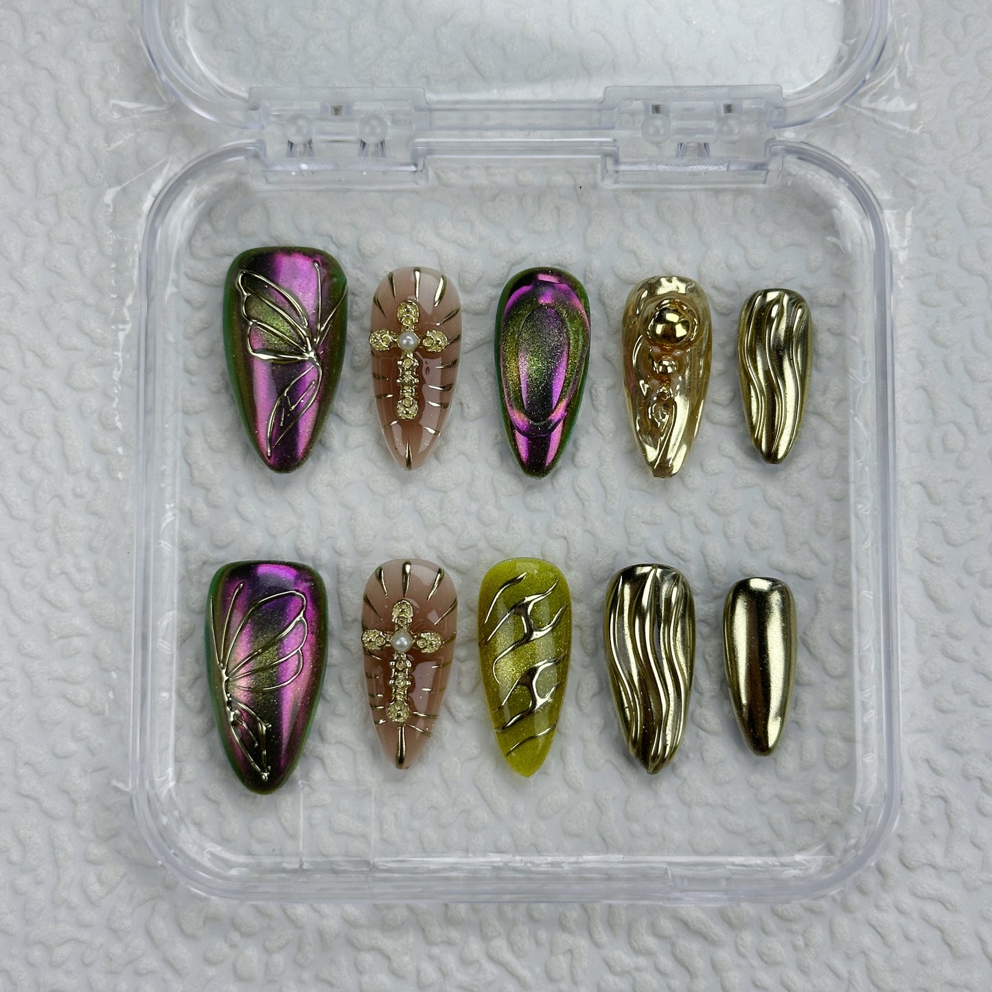 Venom Bloom | Handmade Press-On Nails | Style No. A033 | Chrome Gold & Chameleon Finish, 3D Floral & Cross Accents, Reusable Nail Set