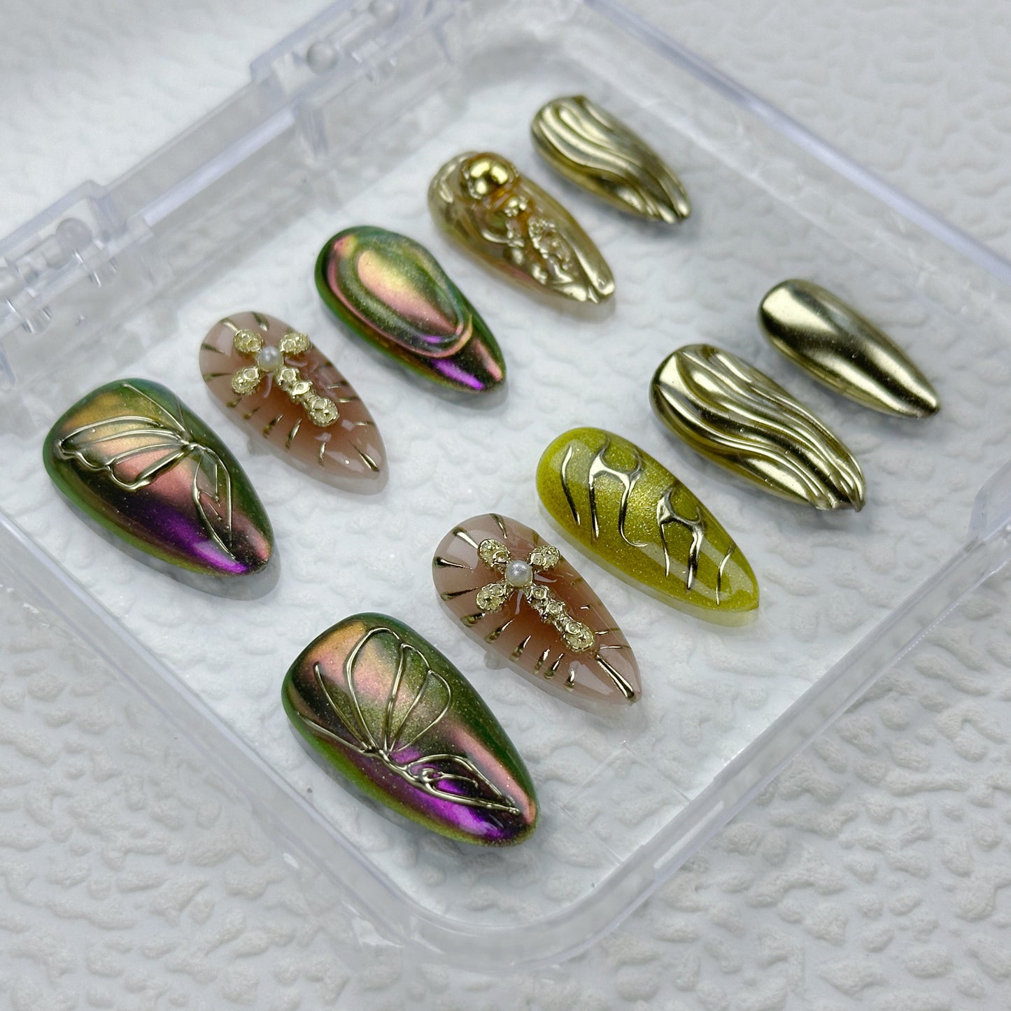 Venom Bloom | Handmade Press-On Nails | Style No. A033 | Chrome Gold & Chameleon Finish, 3D Floral & Cross Accents, Reusable Nail Set