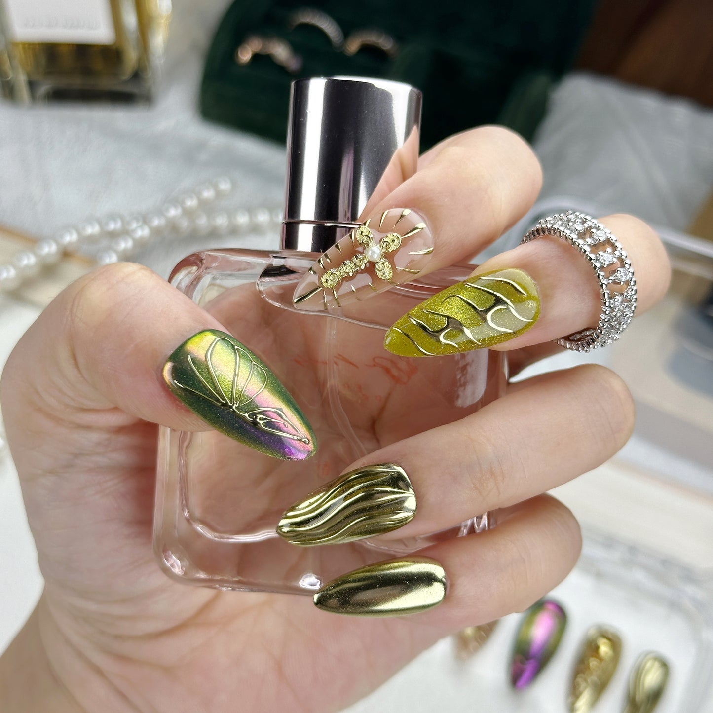 Venom Bloom | Handmade Press-On Nails | Style No. A033 | Chrome Gold & Chameleon Finish, 3D Floral & Cross Accents, Reusable Nail Set