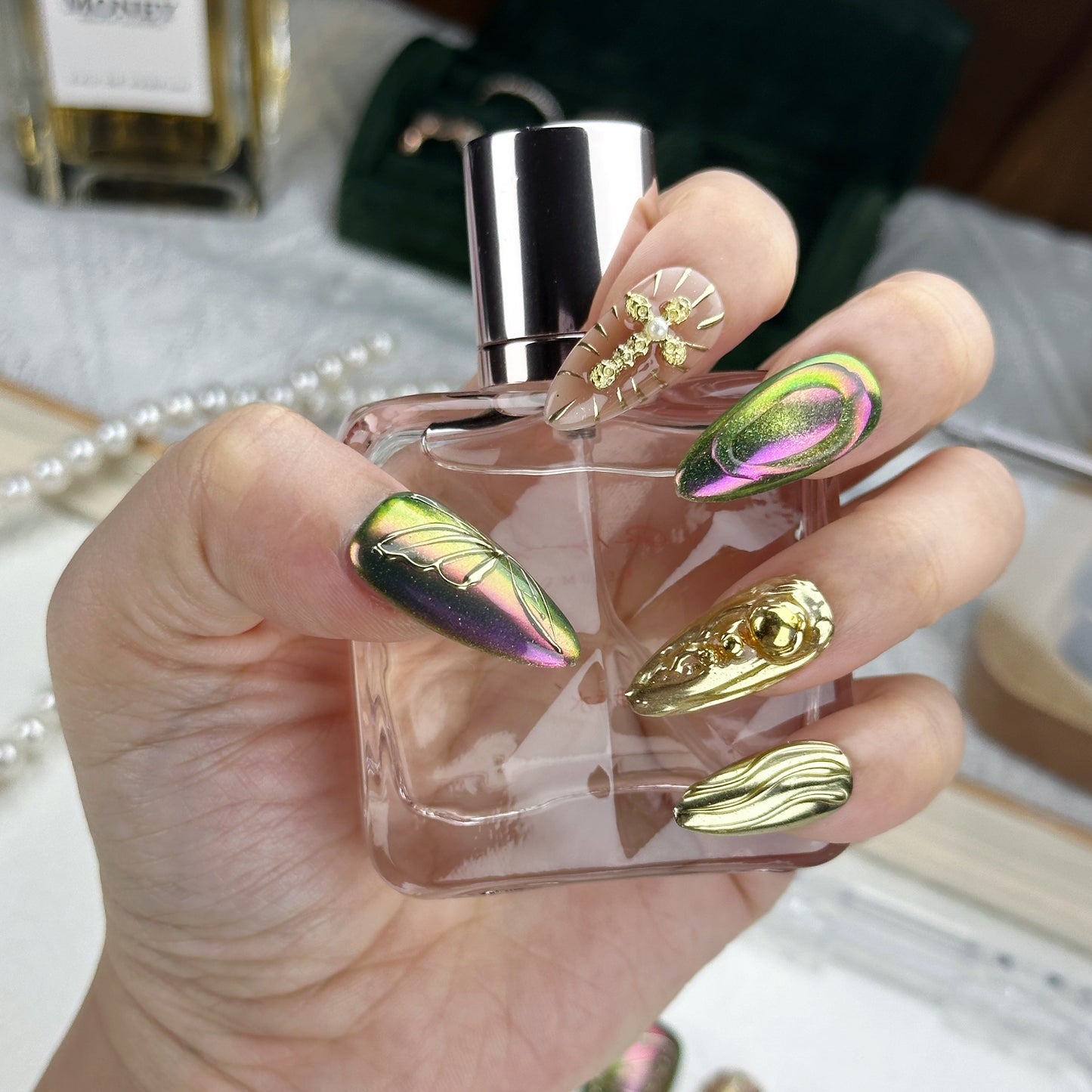Venom Bloom | Handmade Press-On Nails | Style No. A033 | Chrome Gold & Chameleon Finish, 3D Floral & Cross Accents, Reusable Nail Set