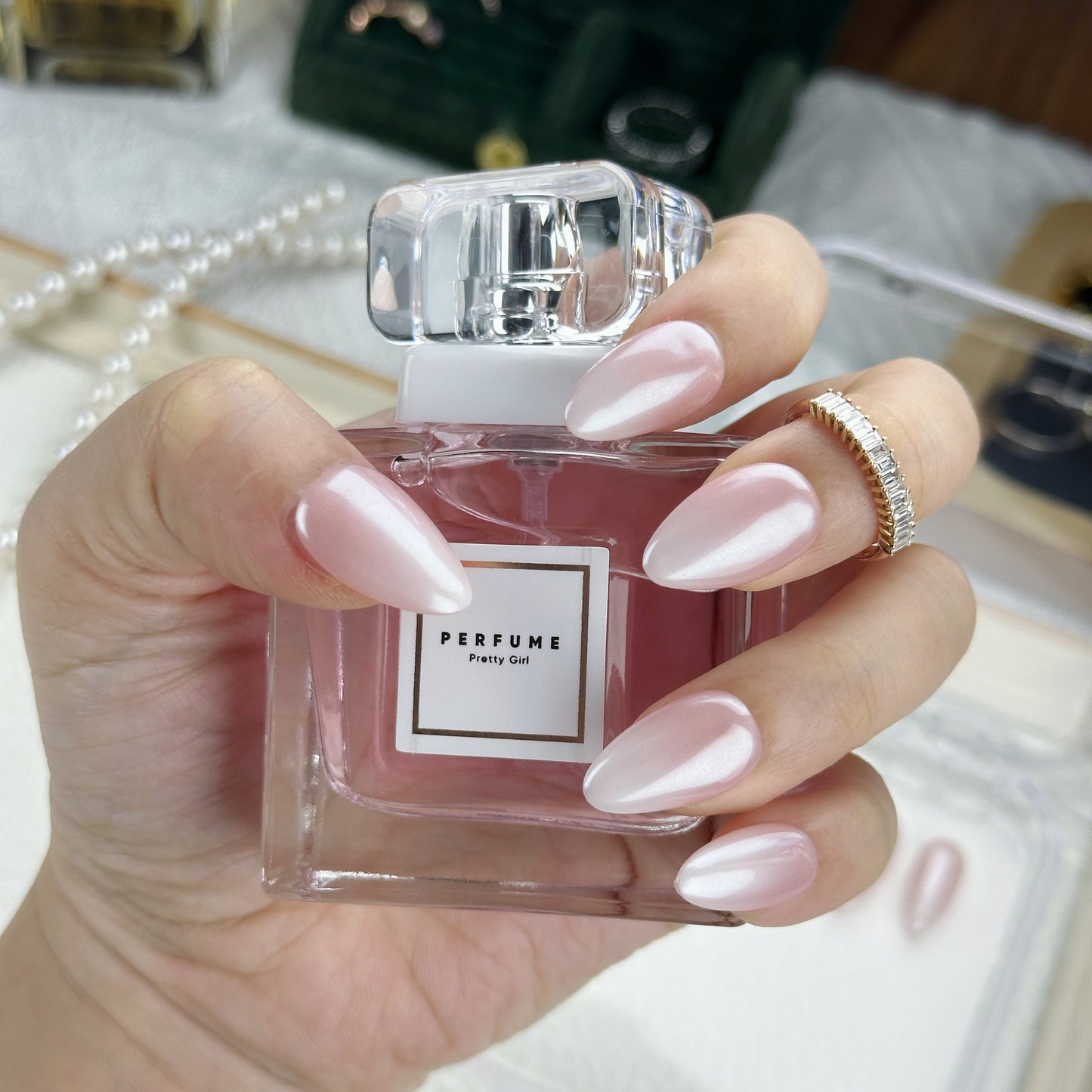 Bare Pearl | Handmade Press-On Nails | Style No. A034 | Nude Pink Gloss, Minimalist Pearl Shine, Reusable Everyday Nail Set